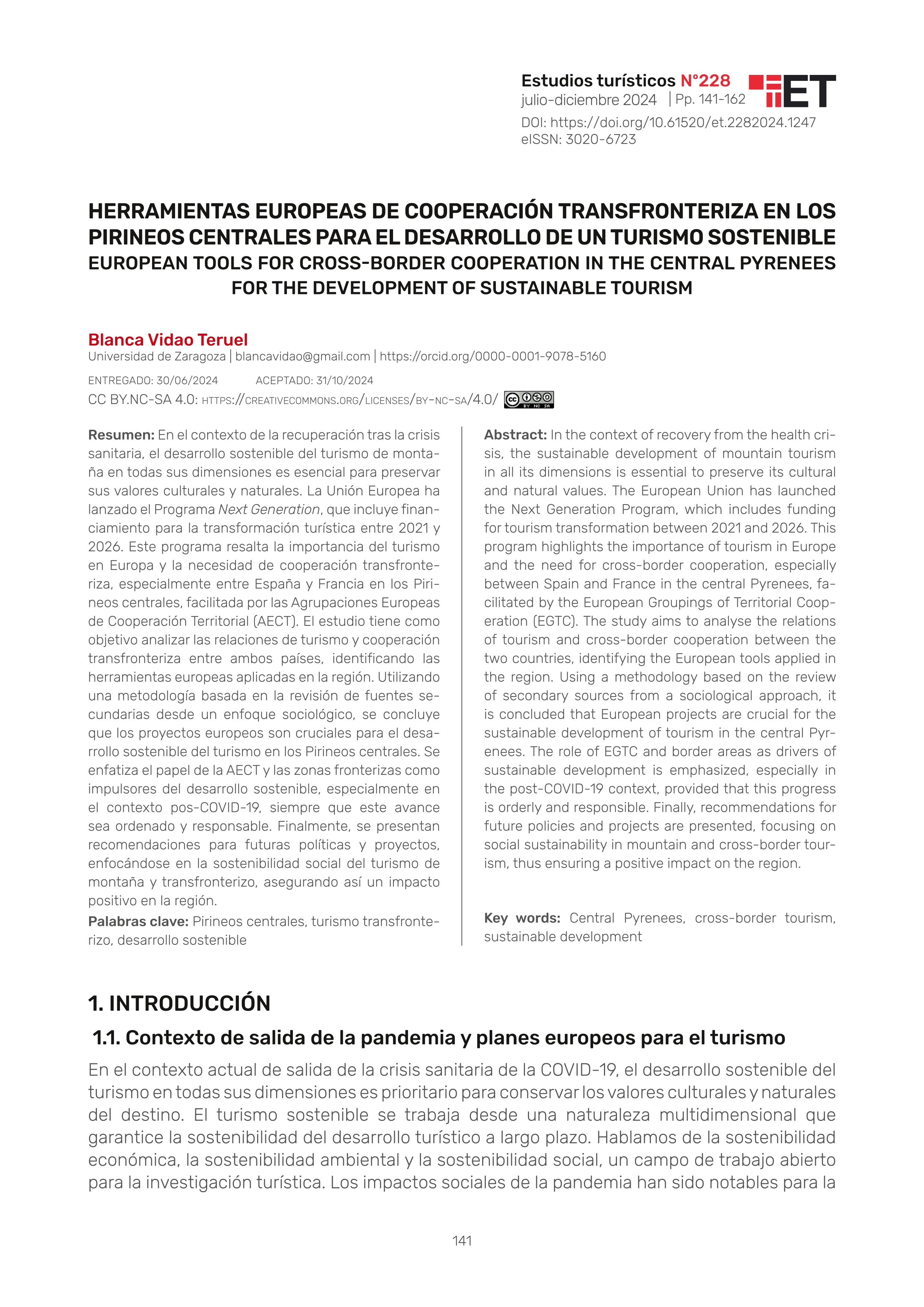 Herramientas europeas de cooperación transfronteriza en los Pirineos centrales para el desarrollo de un turismo sostenible