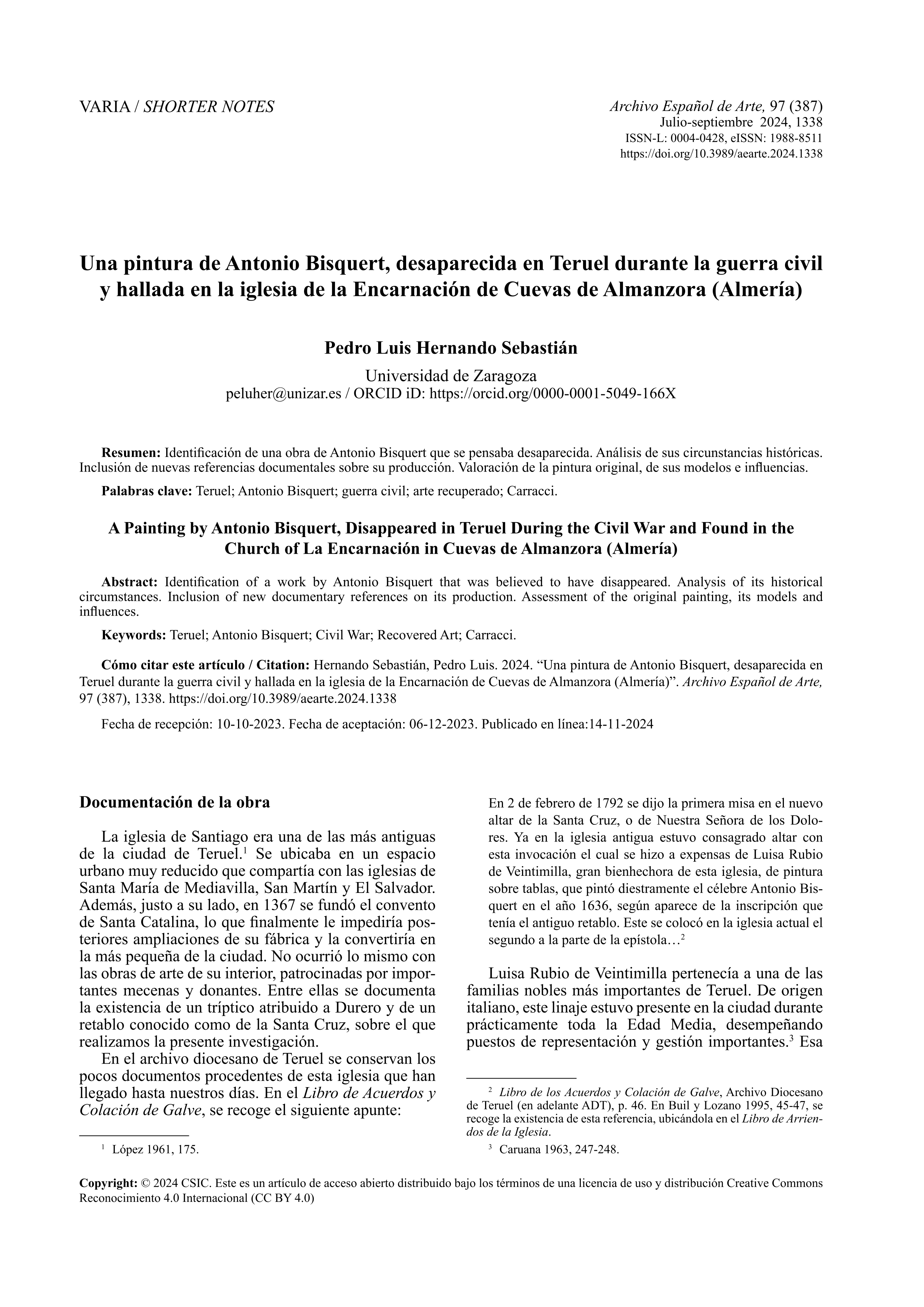 Una pintura de Antonio Bisquert, desaparecida en Teruel durante la guerra civil y hallada en la Iglesia de la Encarnación de Cuevas de Almanzora (Almería)