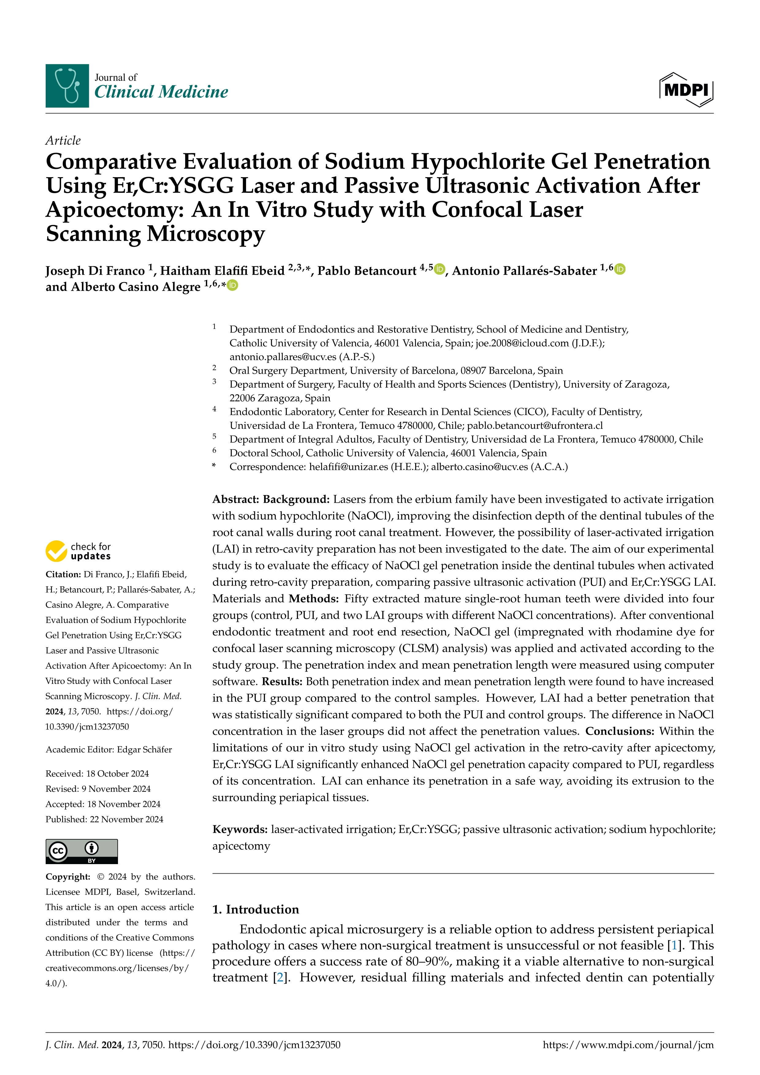 Comparative Evaluation of Sodium Hypochlorite Gel Penetration Using Er,Cr:YSGG Laser and Passive Ultrasonic Activation After Apicoectomy: An In Vitro Study with Confocal Laser Scanning Microscopy
