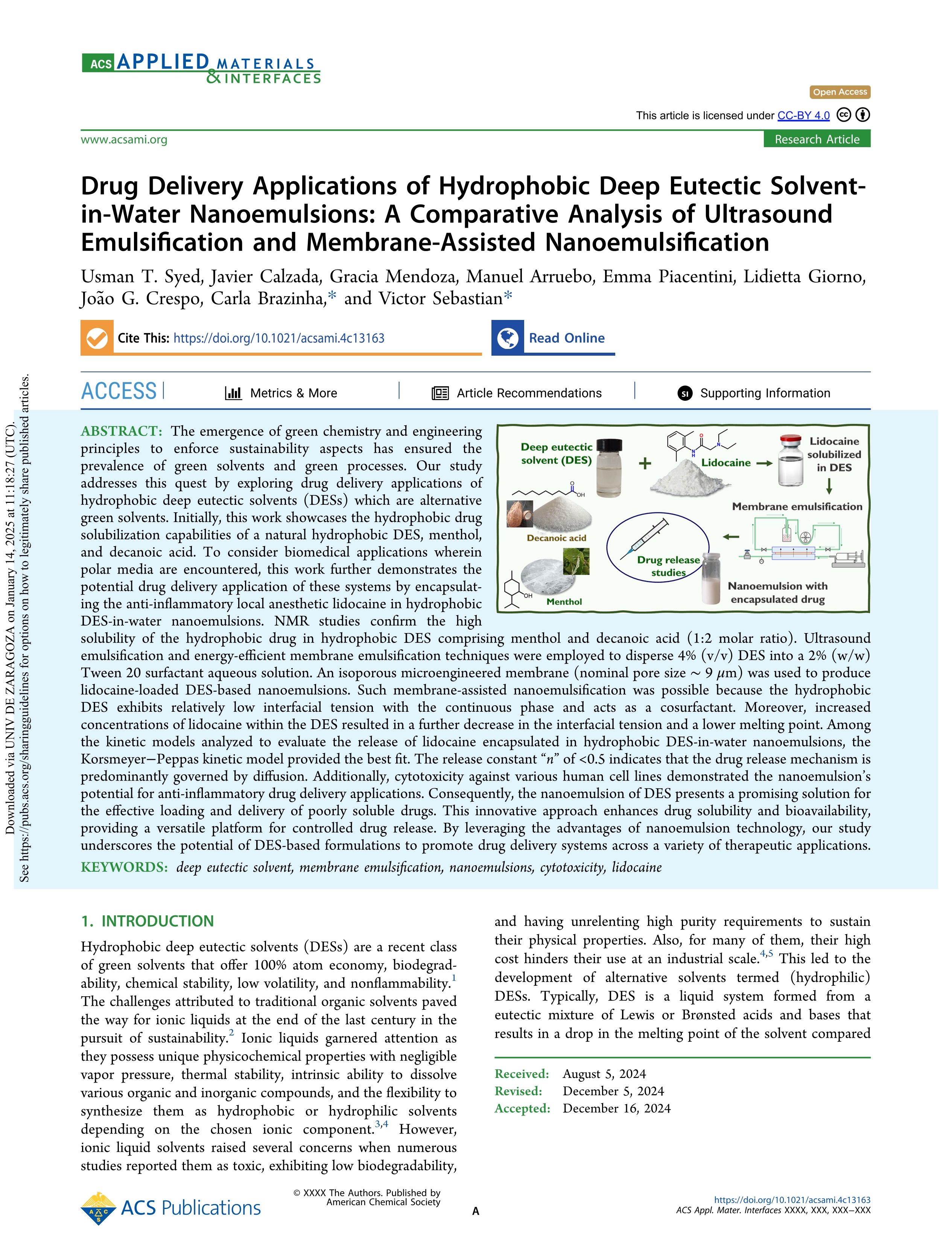 Drug Delivery Applications of Hydrophobic Deep Eutectic Solvent-in-Water Nanoemulsions: A Comparative Analysis of Ultrasound Emulsification and Membrane-Assisted Nanoemulsification