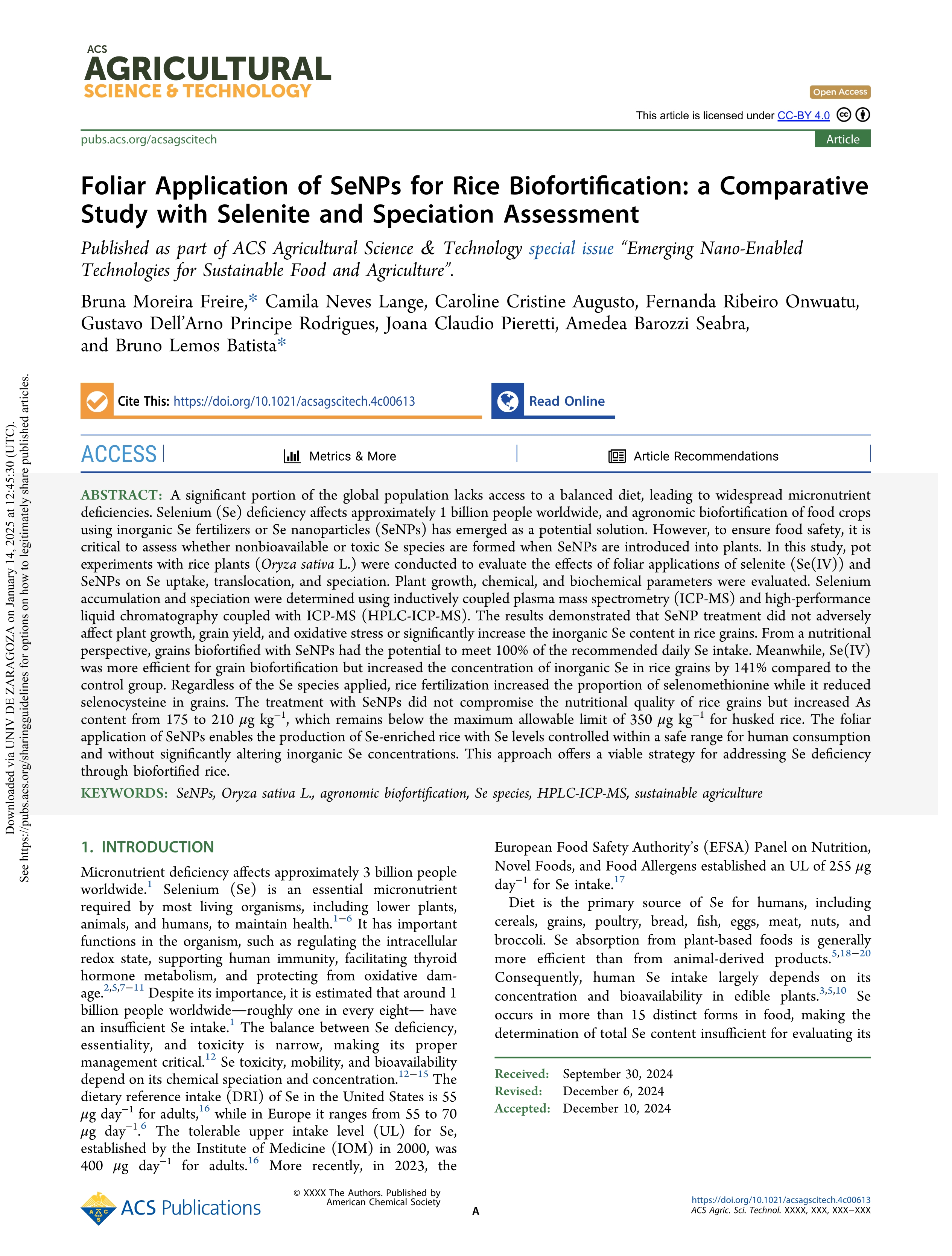 Foliar Application of SeNPs for Rice Biofortification: a Comparative Study with Selenite and Speciation Assessment