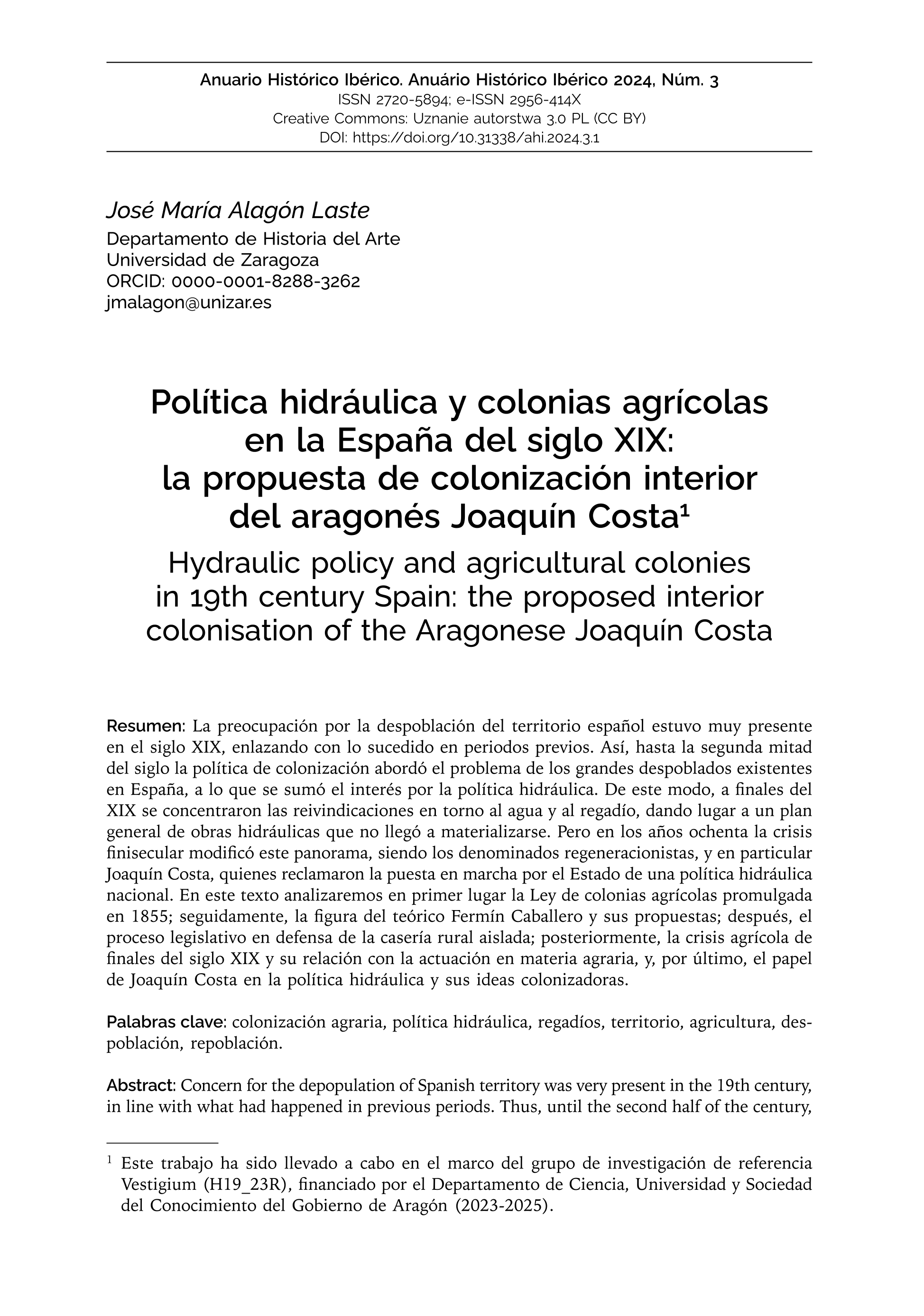 Política hidráulica y colonias agrícolas en la España del siglo XIX: la propuesta de colonización interior del aragonés Joaquín Costa