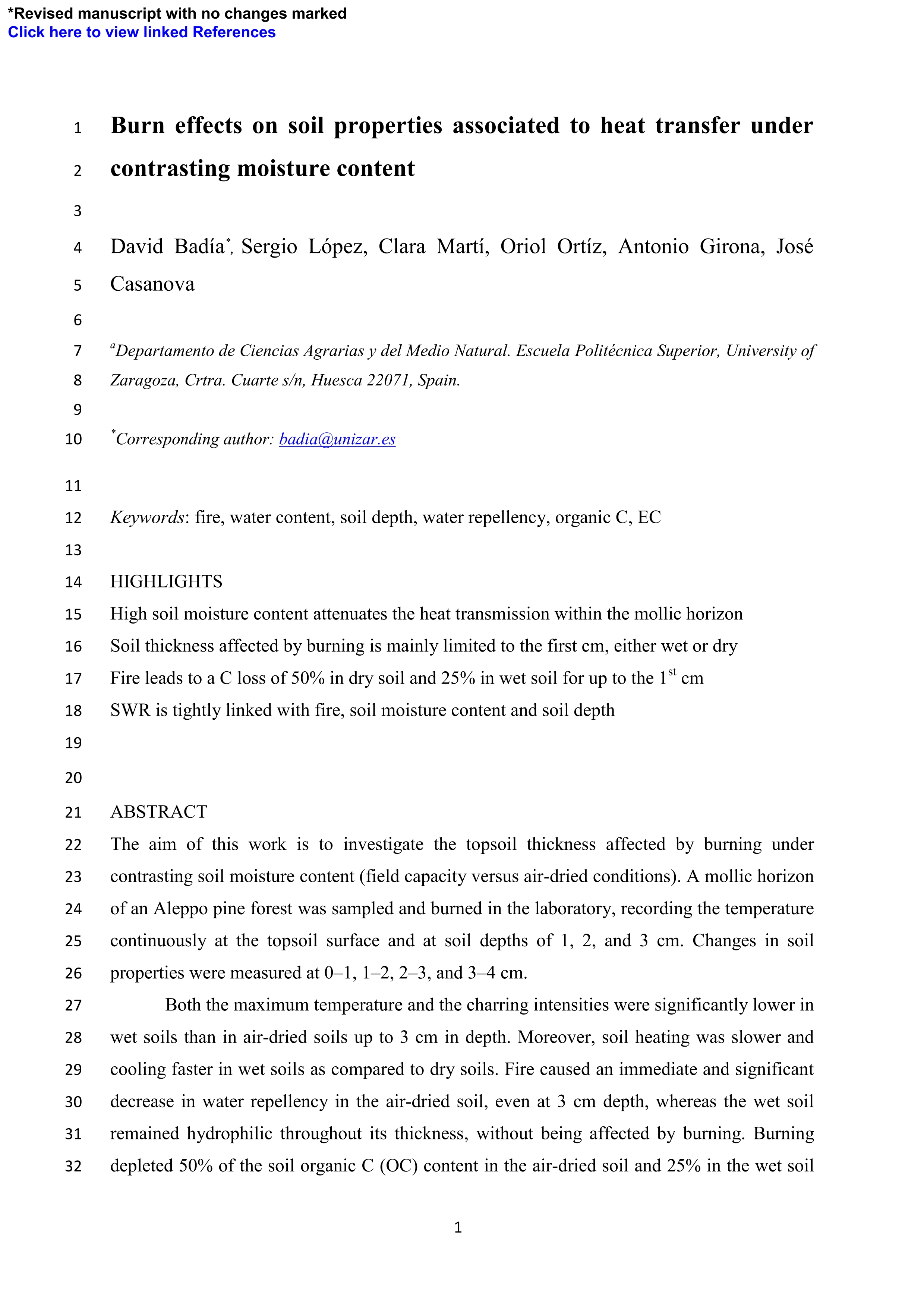 Burn effects on soil properties associated to heat transfer under contrasting moisture content