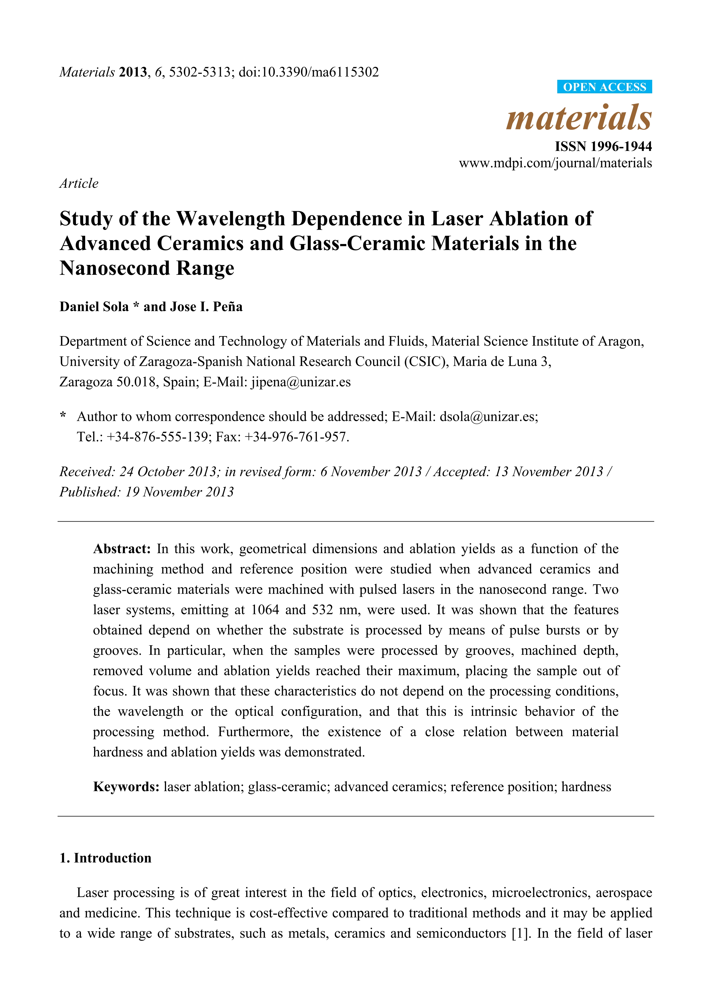 Study of the wavelength dependence in laser ablation of advanced ceramics and glass-ceramic materials in the nanosecond range