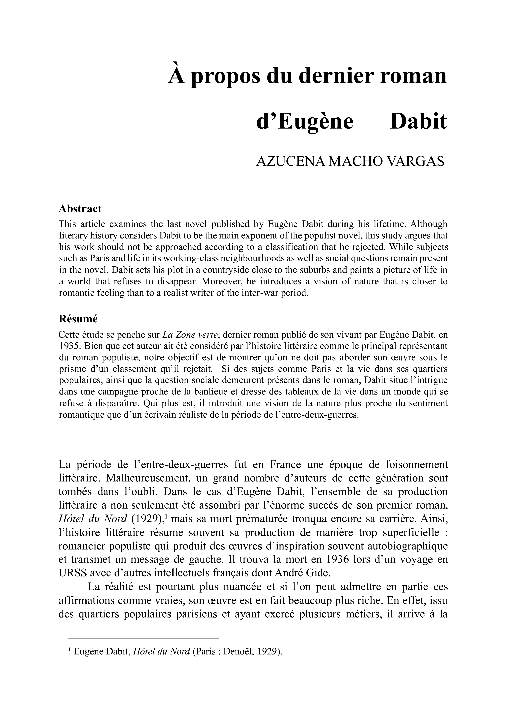 Â propos du dernier roman d’Eugène Dabit