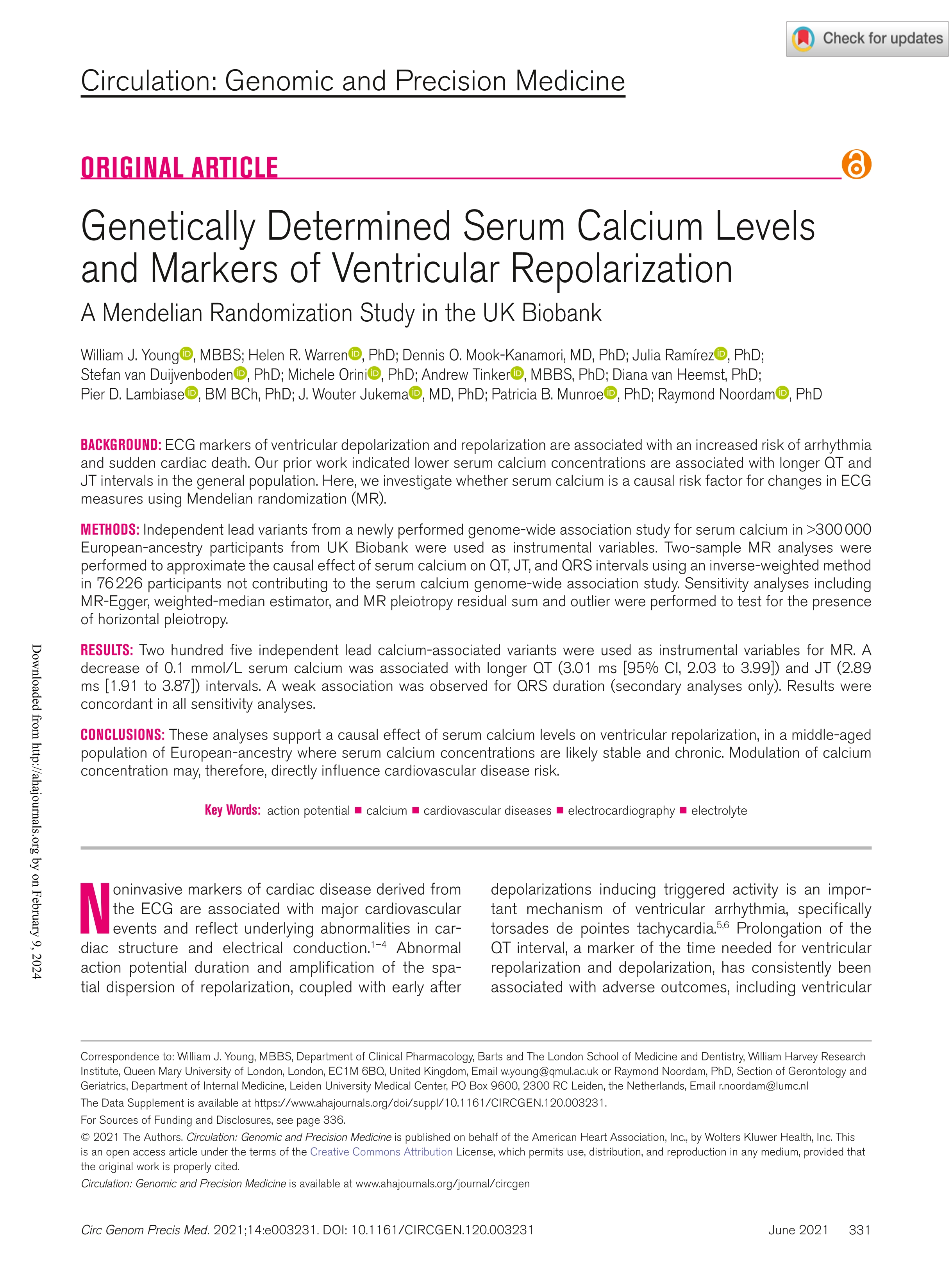 Genetically Determined Serum Calcium Levels and Markers of Ventricular Repolarization: A Mendelian Randomization Study in the UK Biobank