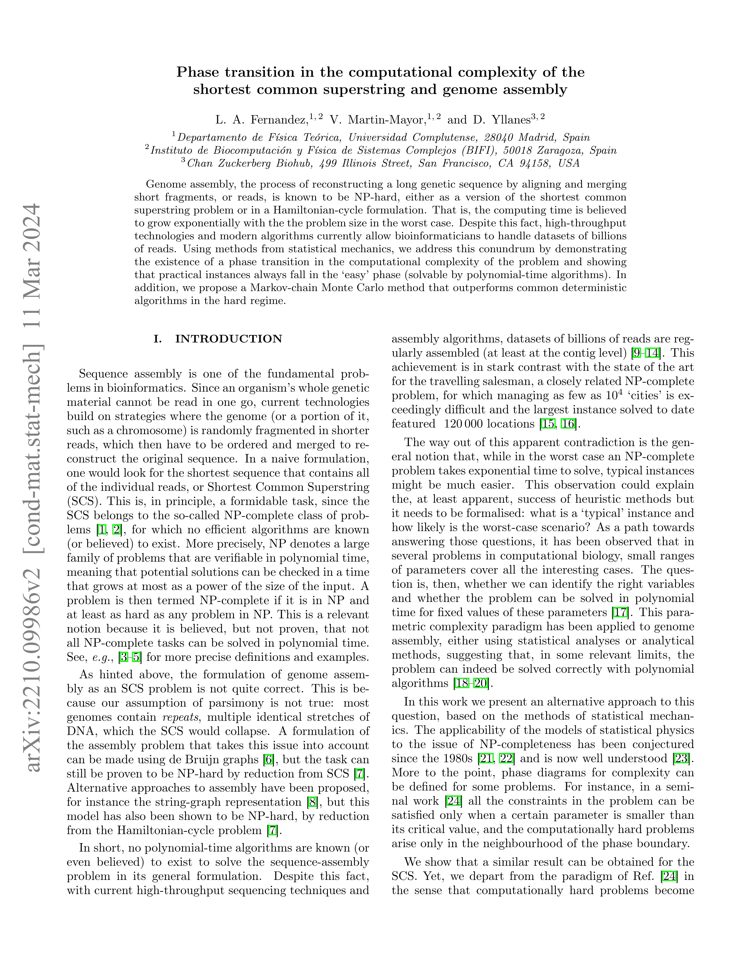 Phase transition in the computational complexity of the shortest common superstring and genome assembly