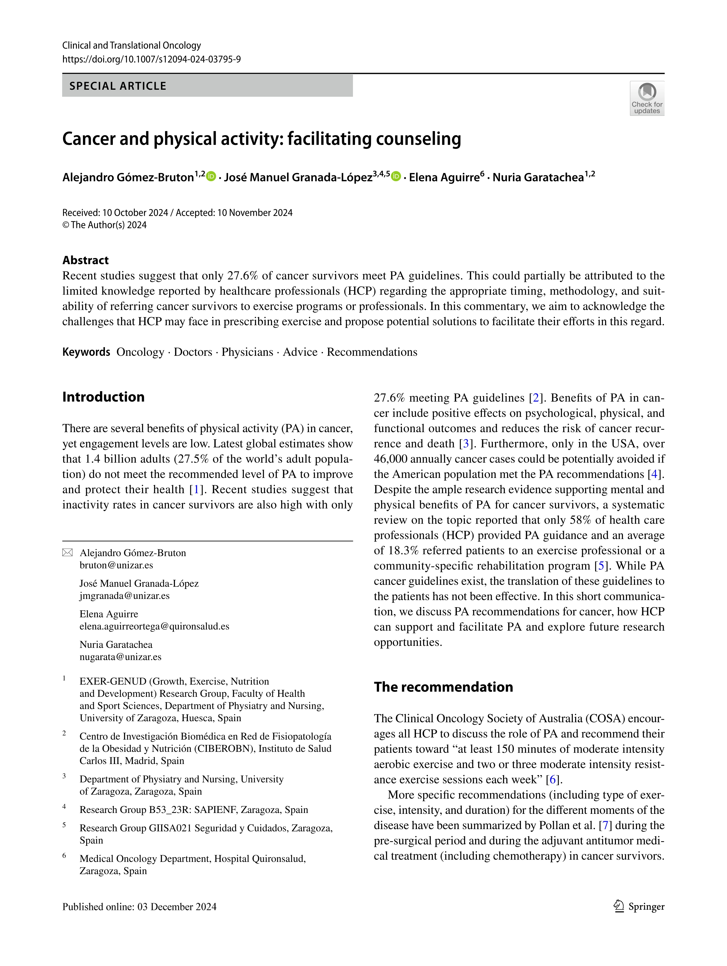 Cancer and physical activity: facilitating counseling