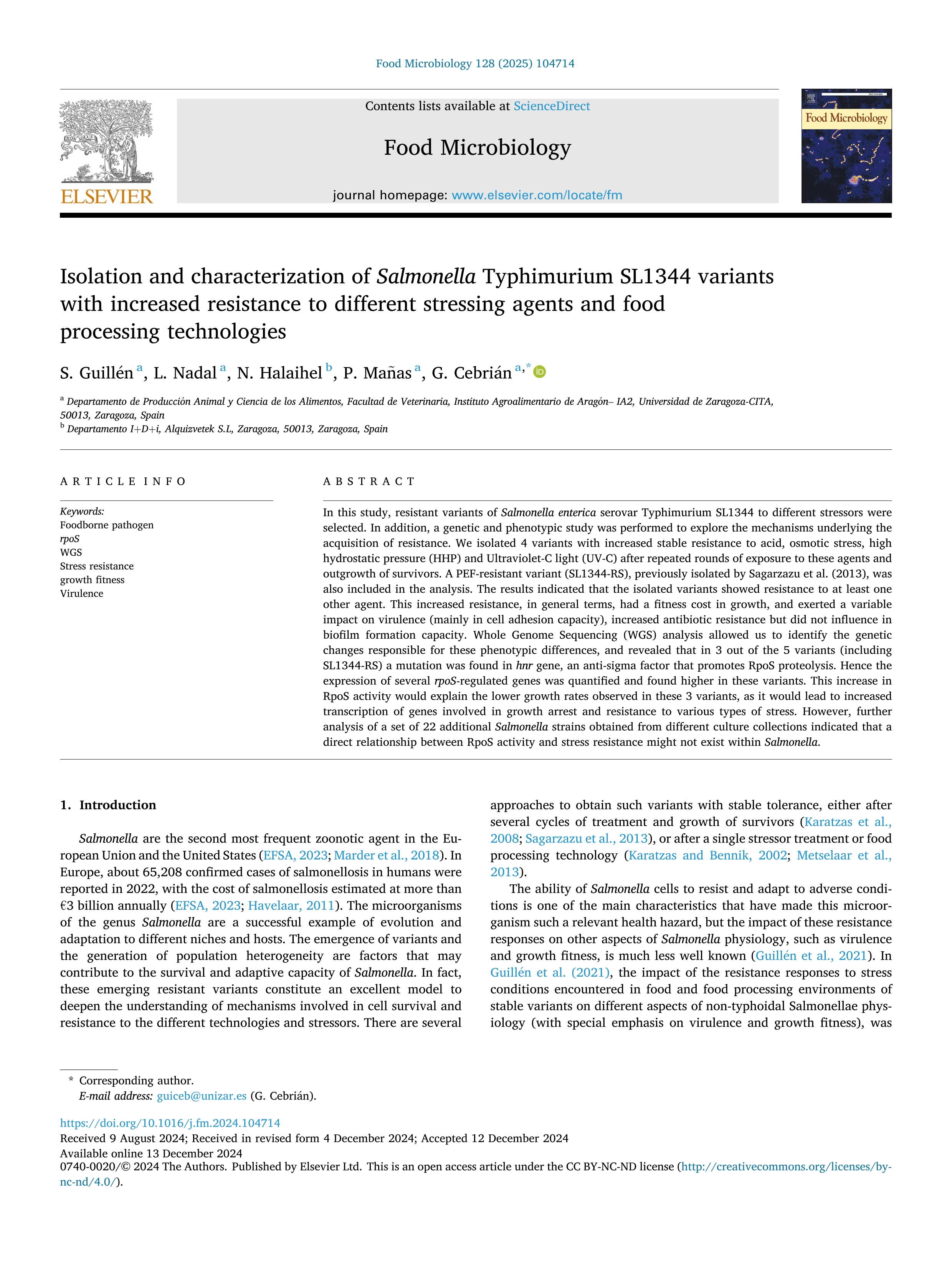 Isolation and characterization of Salmonella Typhimurium SL1344 variants with increased resistance to different stressing agents and food processing technologies