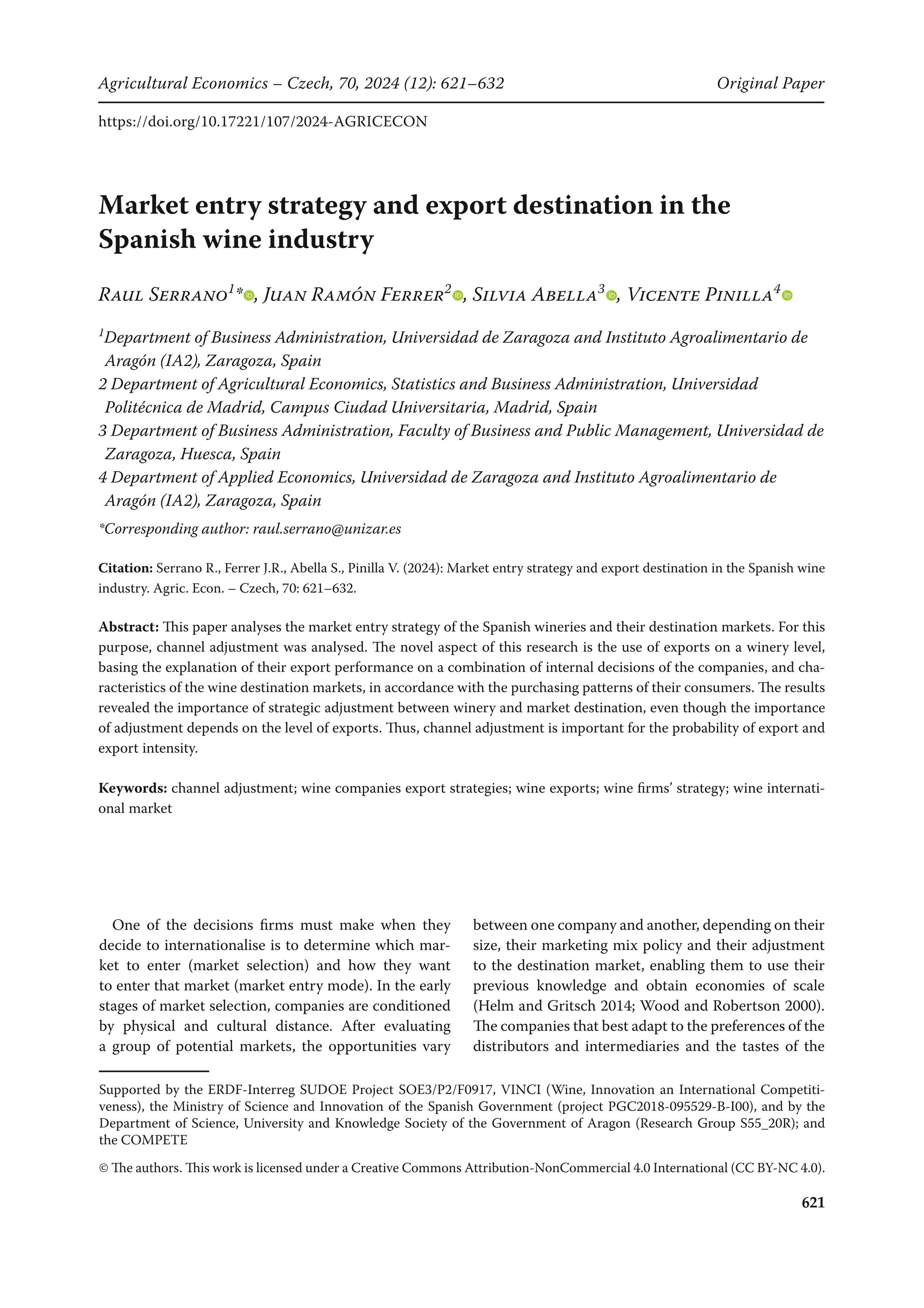 Market entry strategy and export destination in the Spanish wine industry