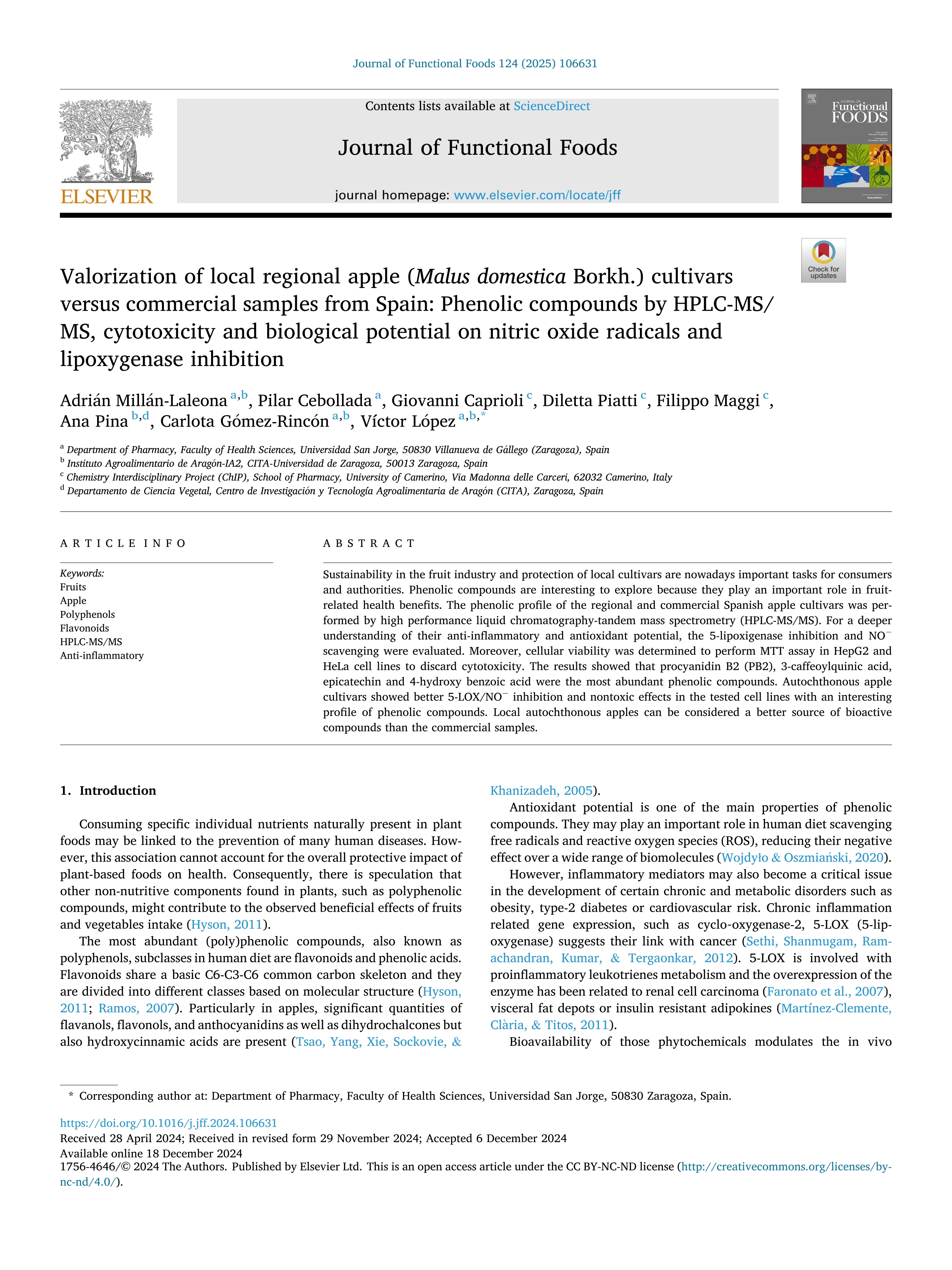 Valorization of local regional apple (Malus domestica Borkh.) cultivars versus commercial samples from Spain: Phenolic compounds by HPLC-MS/MS, cytotoxicity and biological potential on nitric oxide radicals and lipoxygenase inhibition