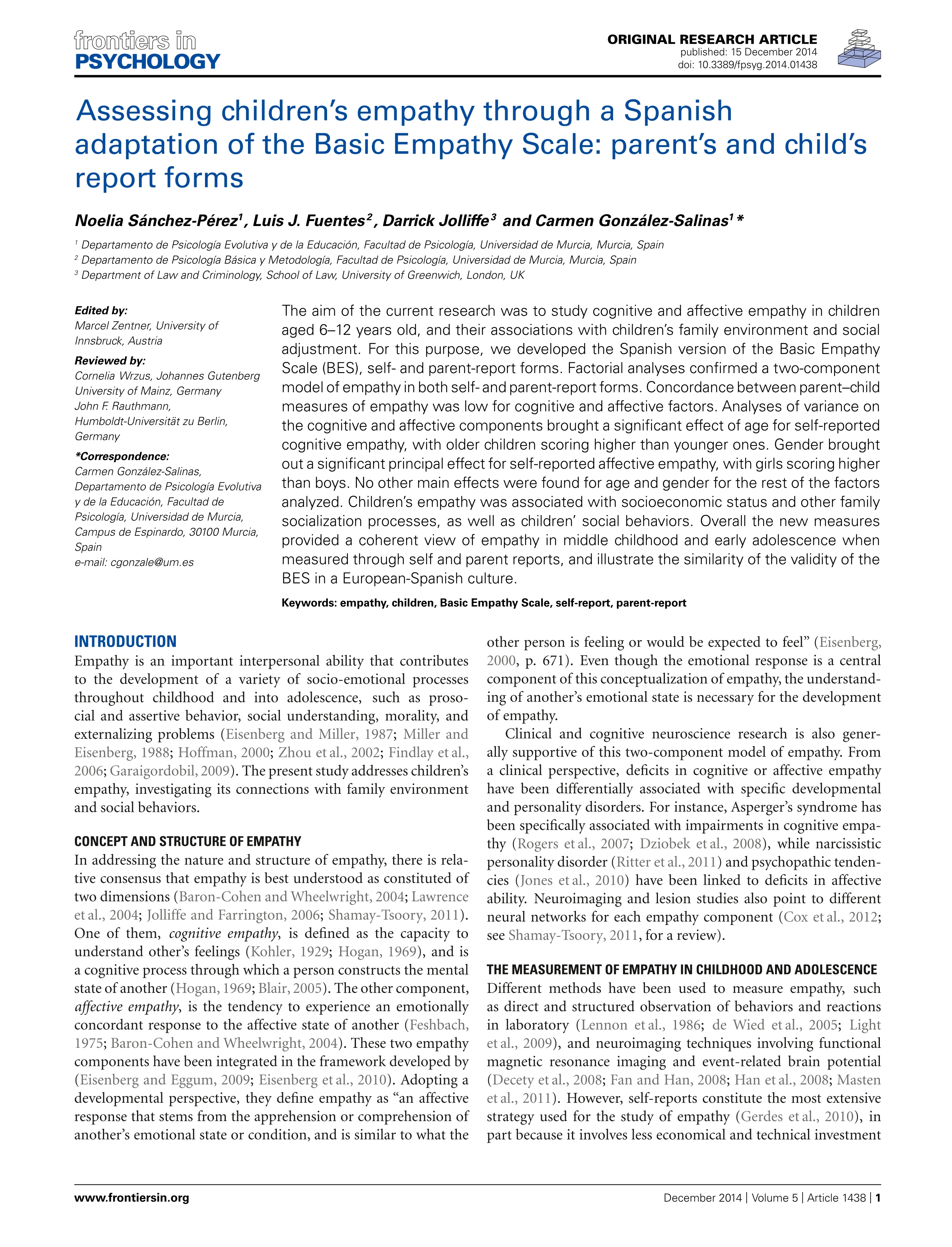 Assessing children’s empathy through a Spanish adaptation of the Basic Empathy Scale: parent’s and child’s report forms