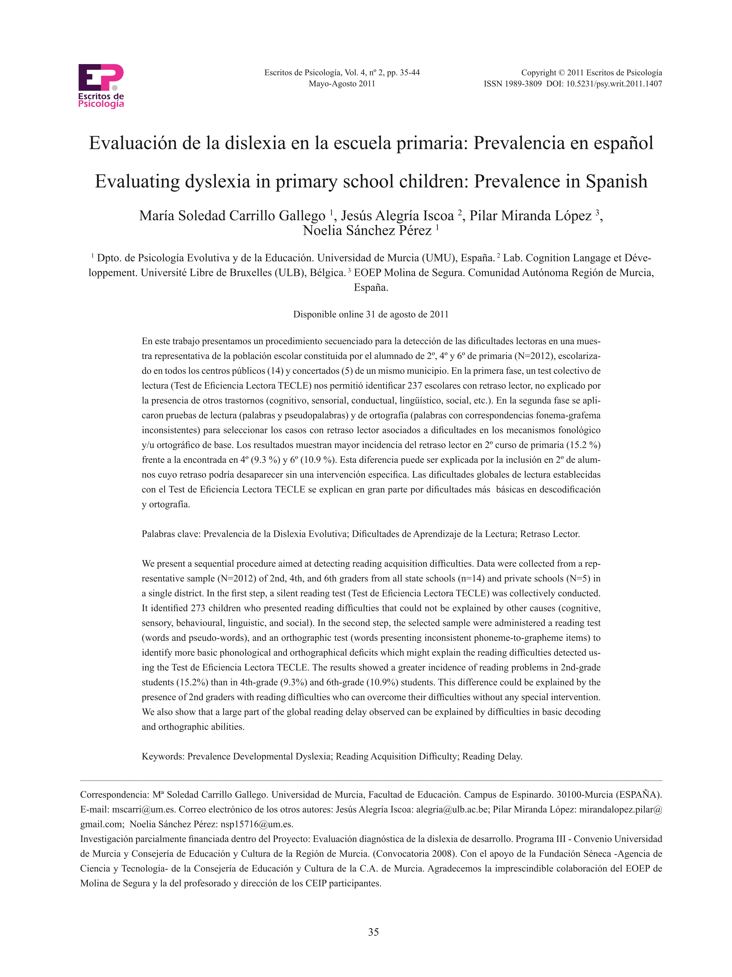 Evaluación de la dislexia en la escuela primaria: prevalencia en español