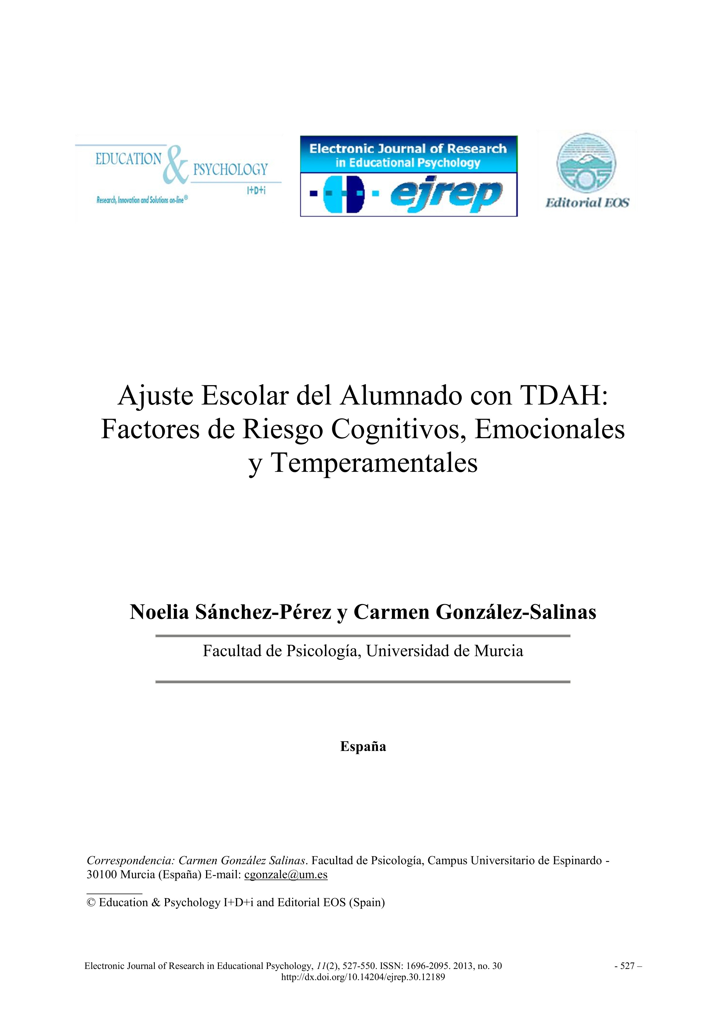 Ajuste Escolar del Alumnado con TDAH: factores de riesgo cognitivos, emocionales y temperamentales