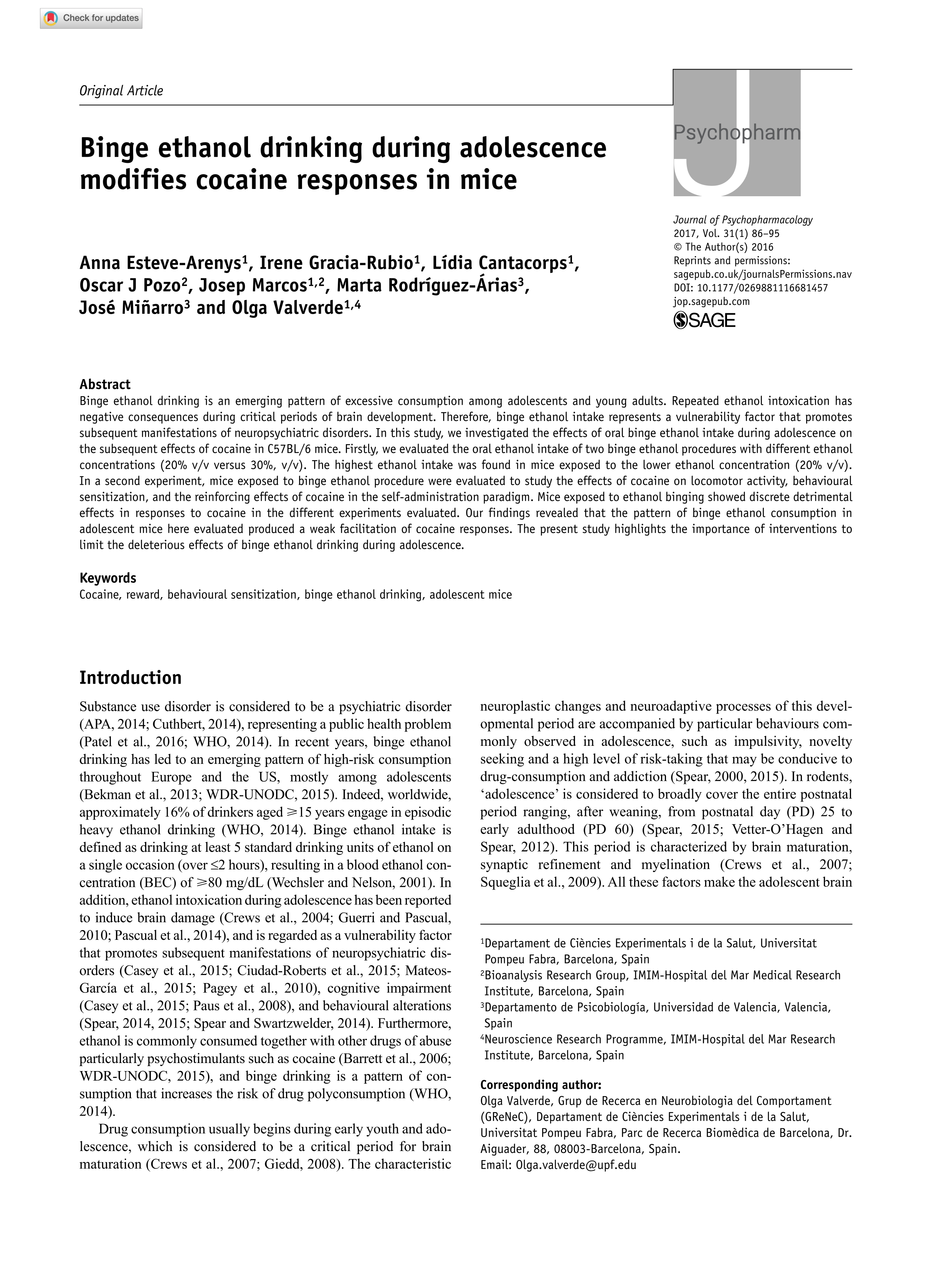 Binge ethanol drinking during adolescence modifies cocaine responses in mice