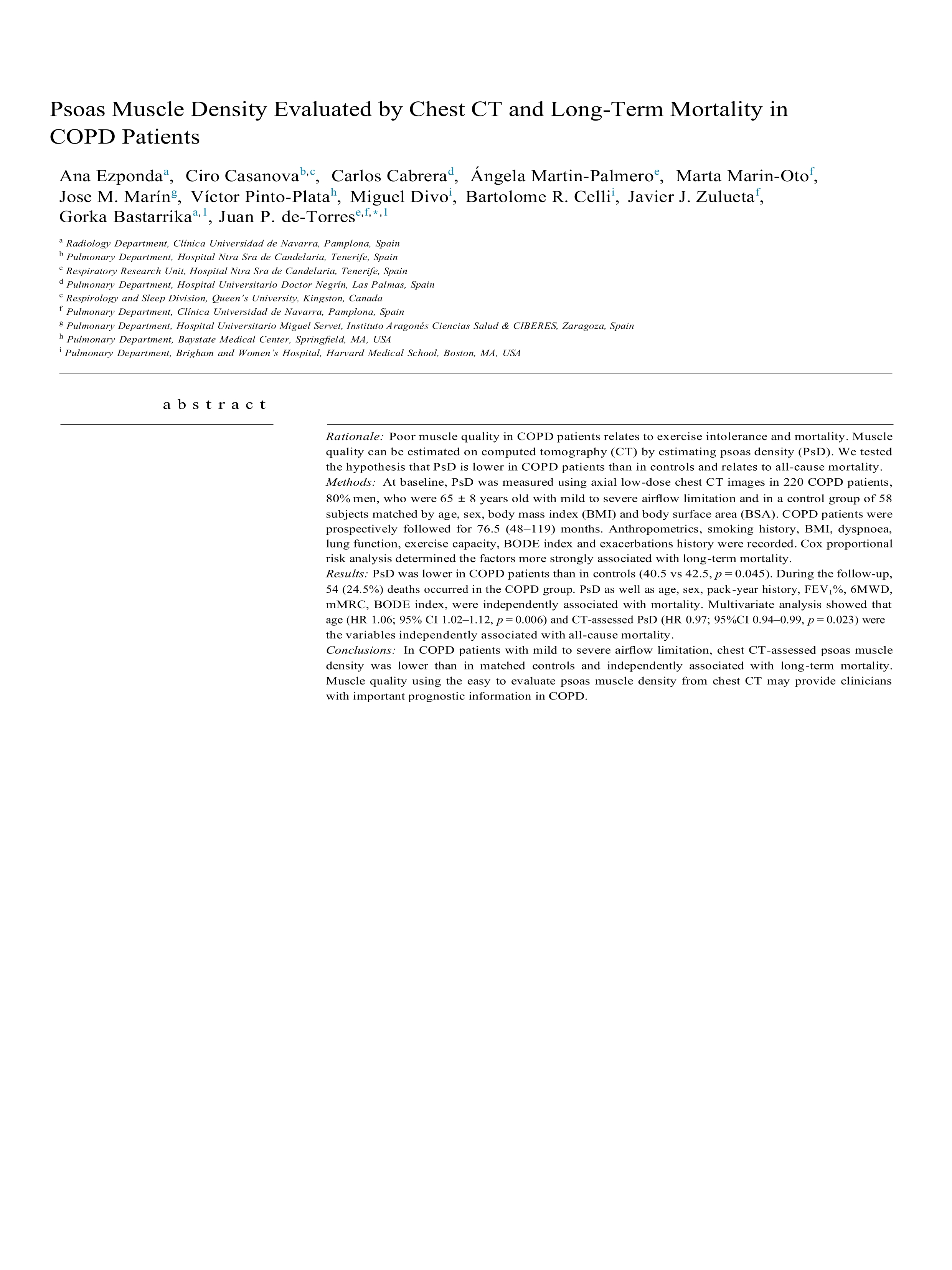 Psoas Muscle Density Evaluated by Chest CT and Long-Term Mortality in COPD Patients