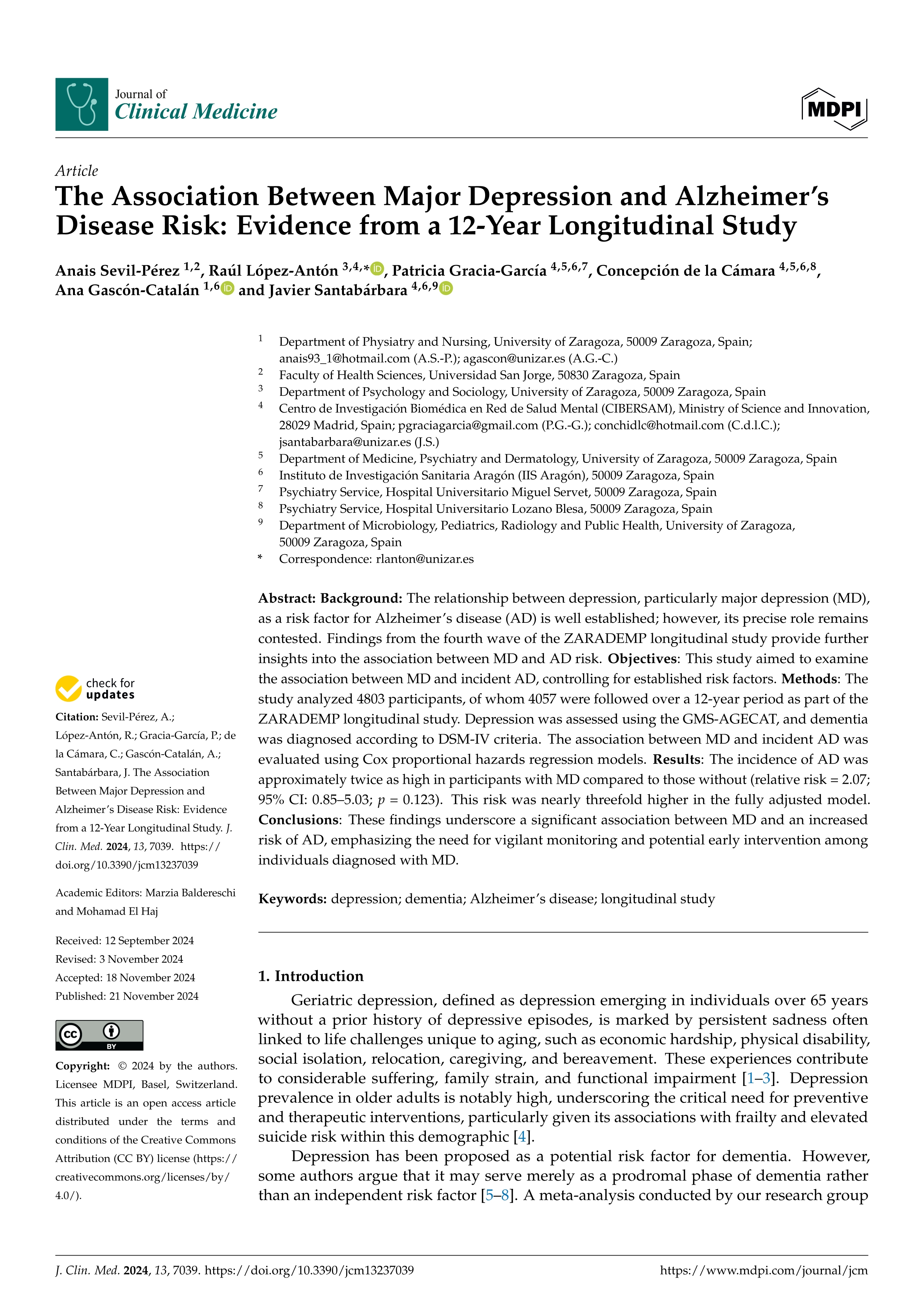 The Association Between Major Depression and Alzheimer’s Disease Risk: Evidence from a 12-Year Longitudinal Study