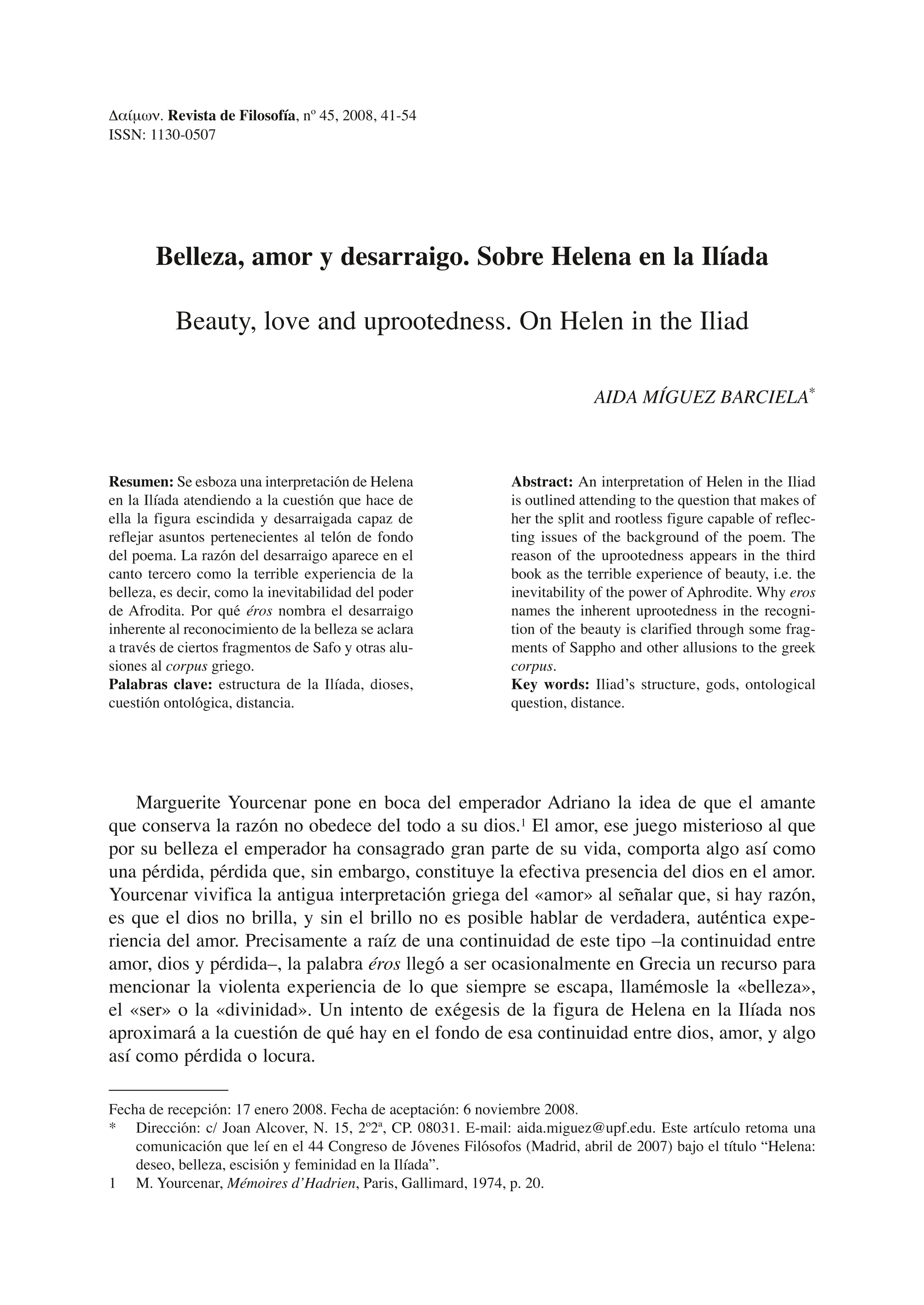 Belleza, amor y desarraigo. Sobre Helena en la Ilíada