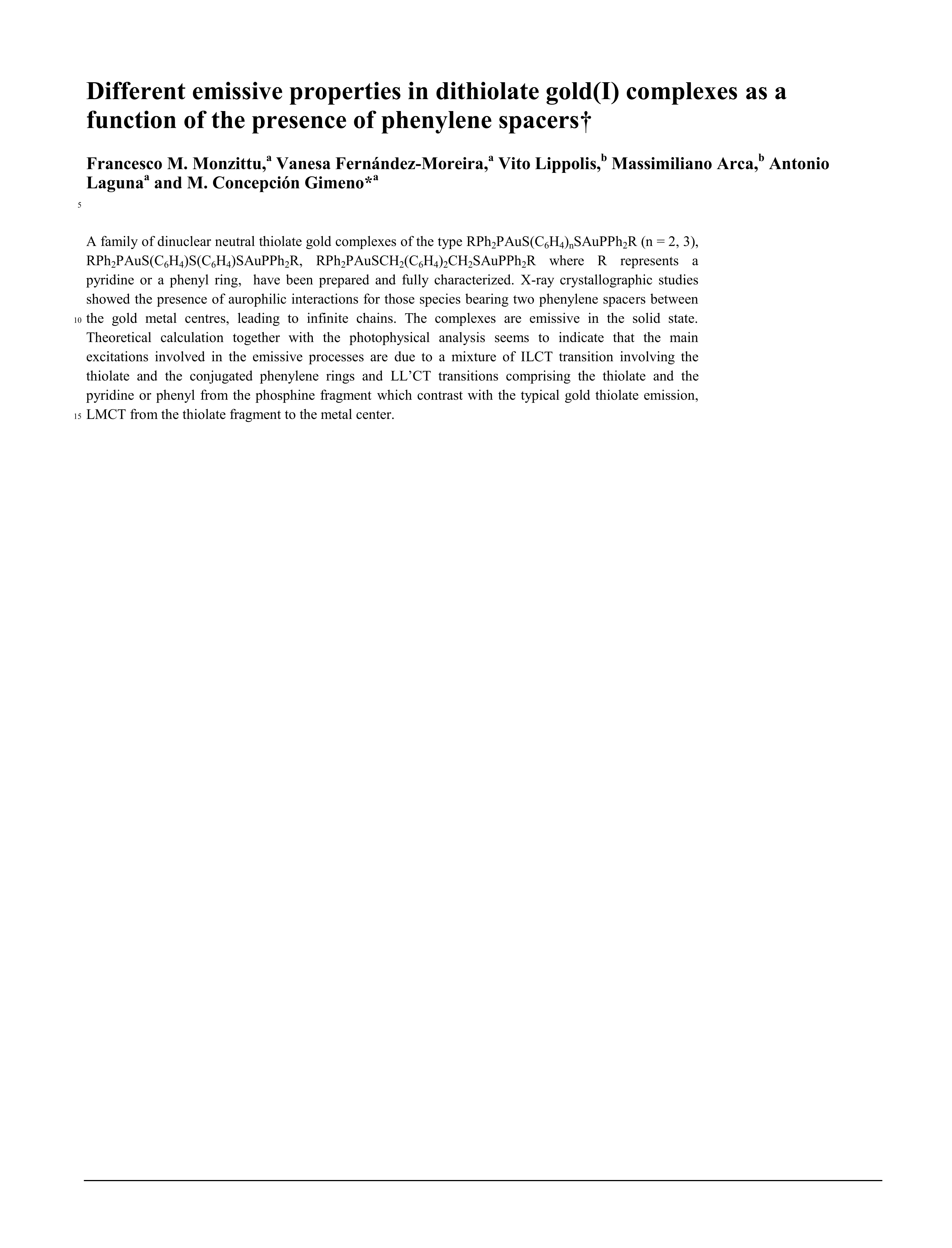 Different emissive properties in dithiolate gold(i) complexes as a function of the presence of phenylene spacers