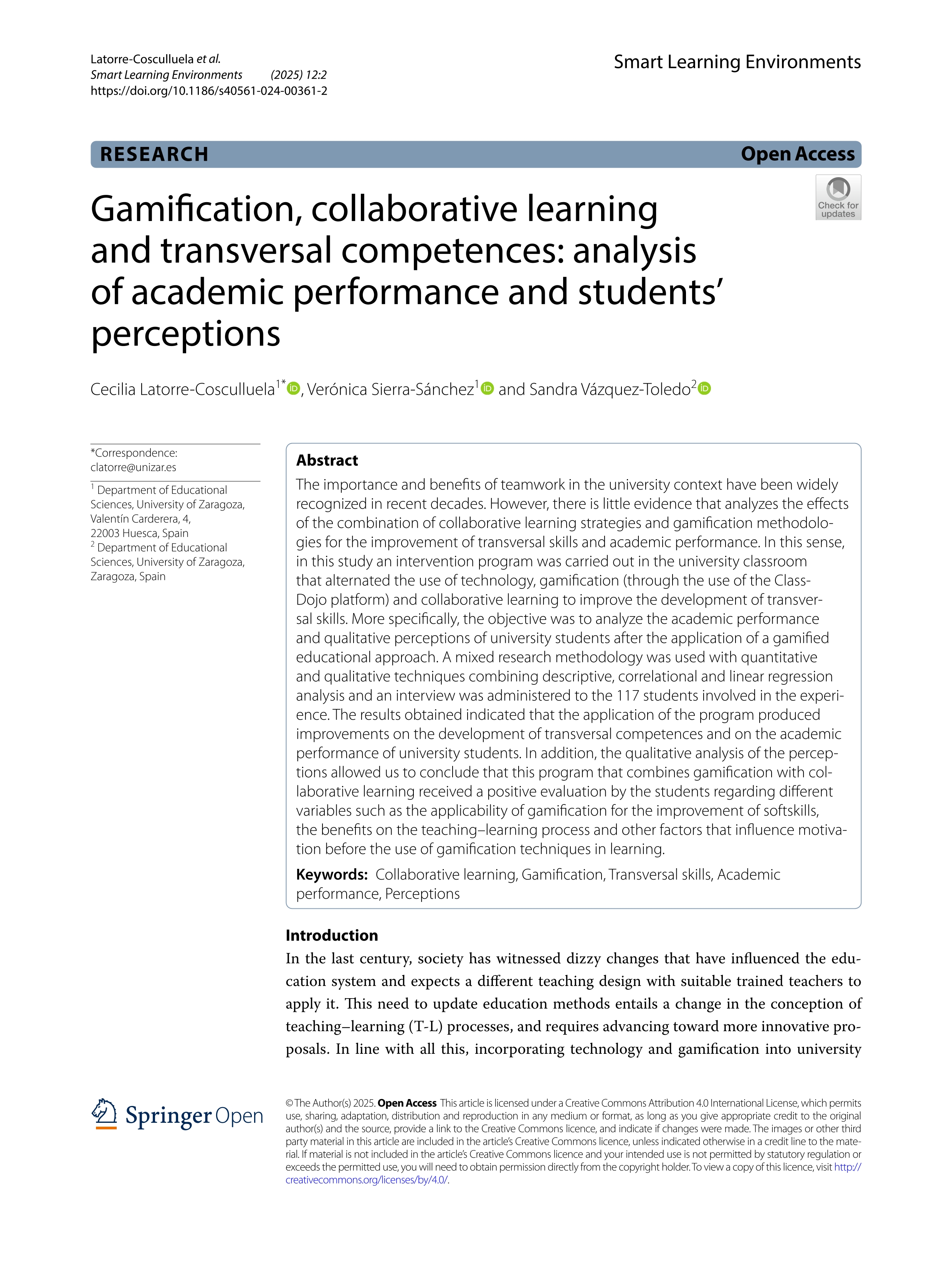 Gamification, collaborative learning and transversal competences: analysis of academic performance and students’ perceptions