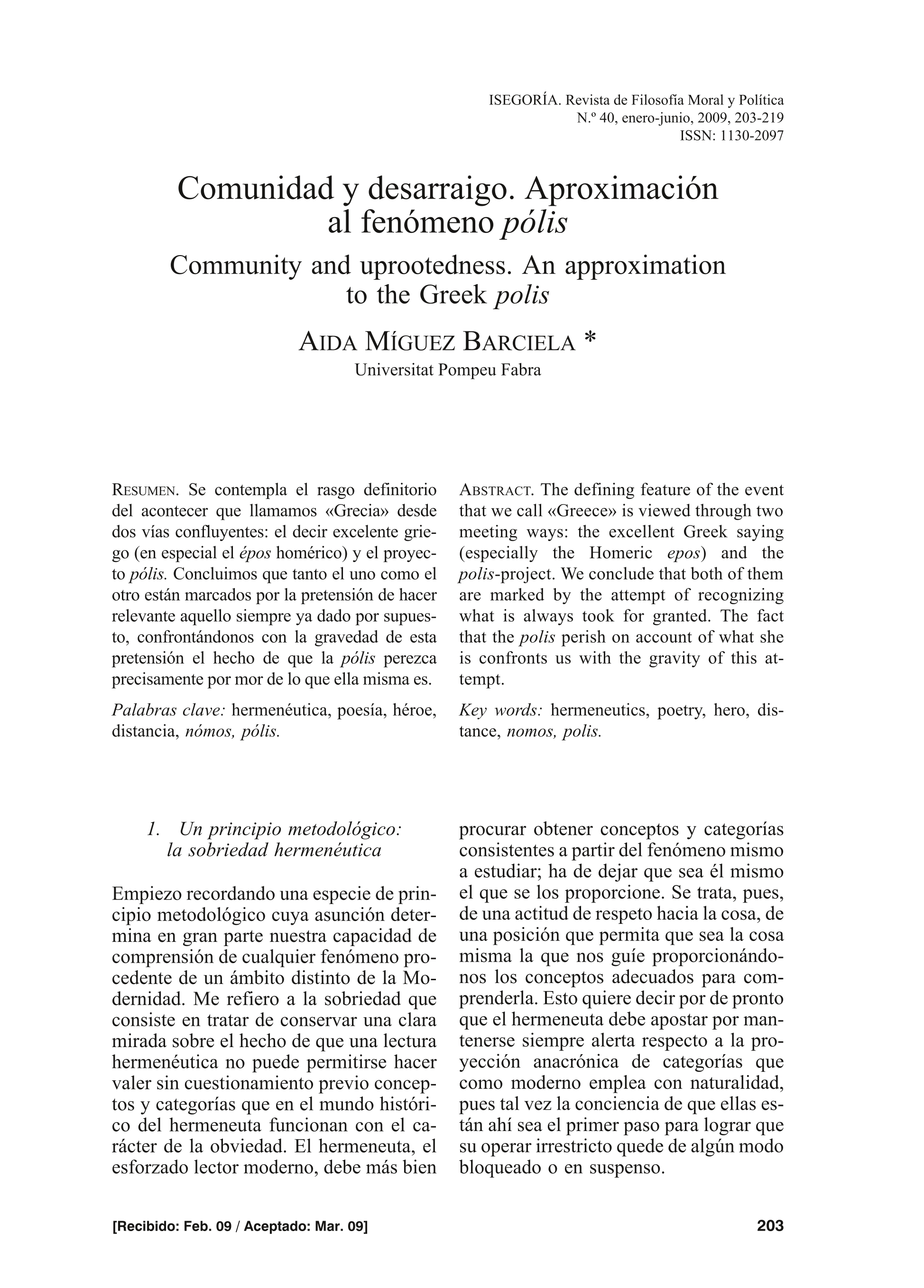 Comunidad y desarraigo. Aproximación al fenómeno polis