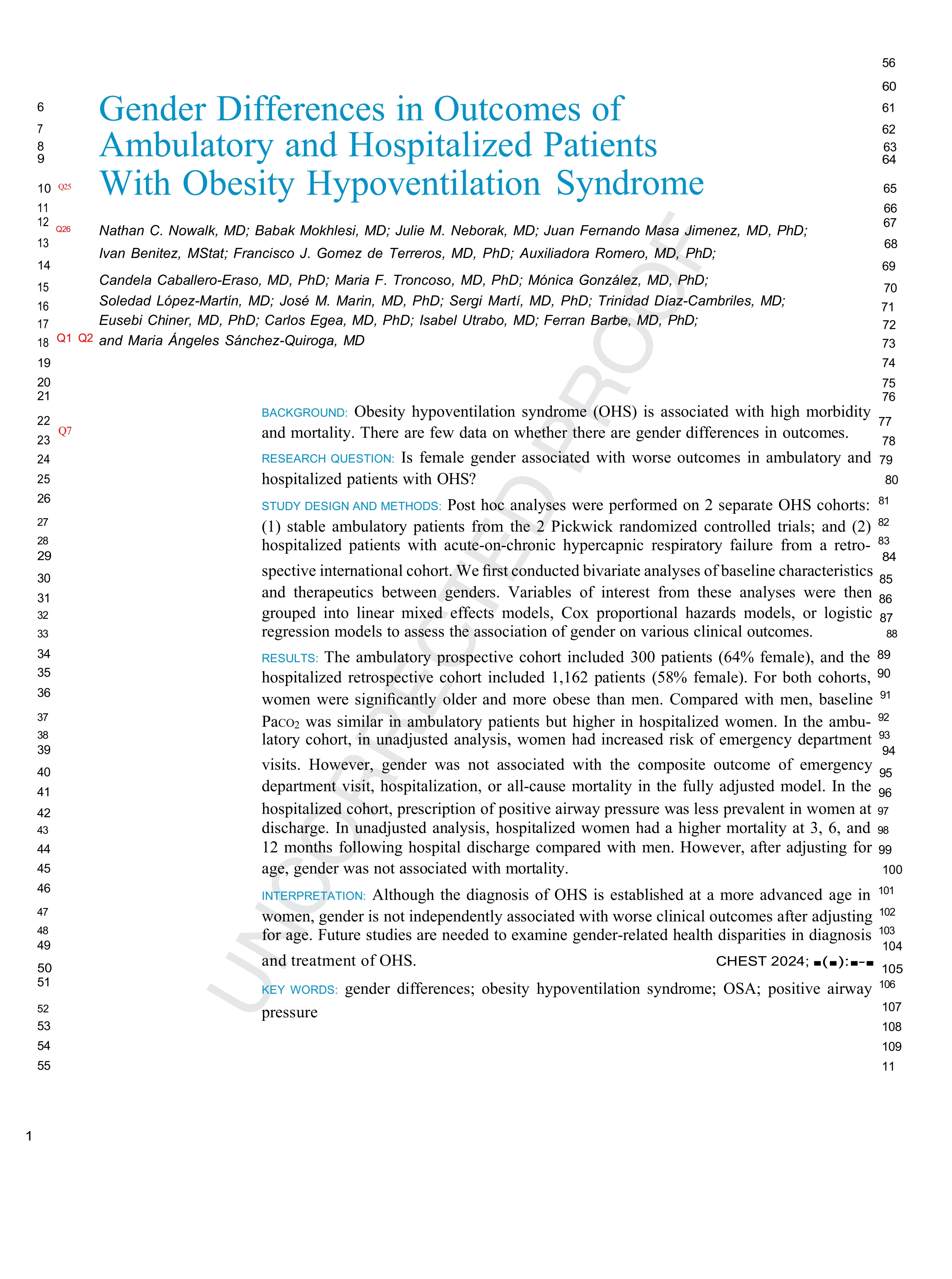 Gender Differences in Outcomes of Ambulatory and Hospitalized Patients With Obesity Hypoventilation Syndrome