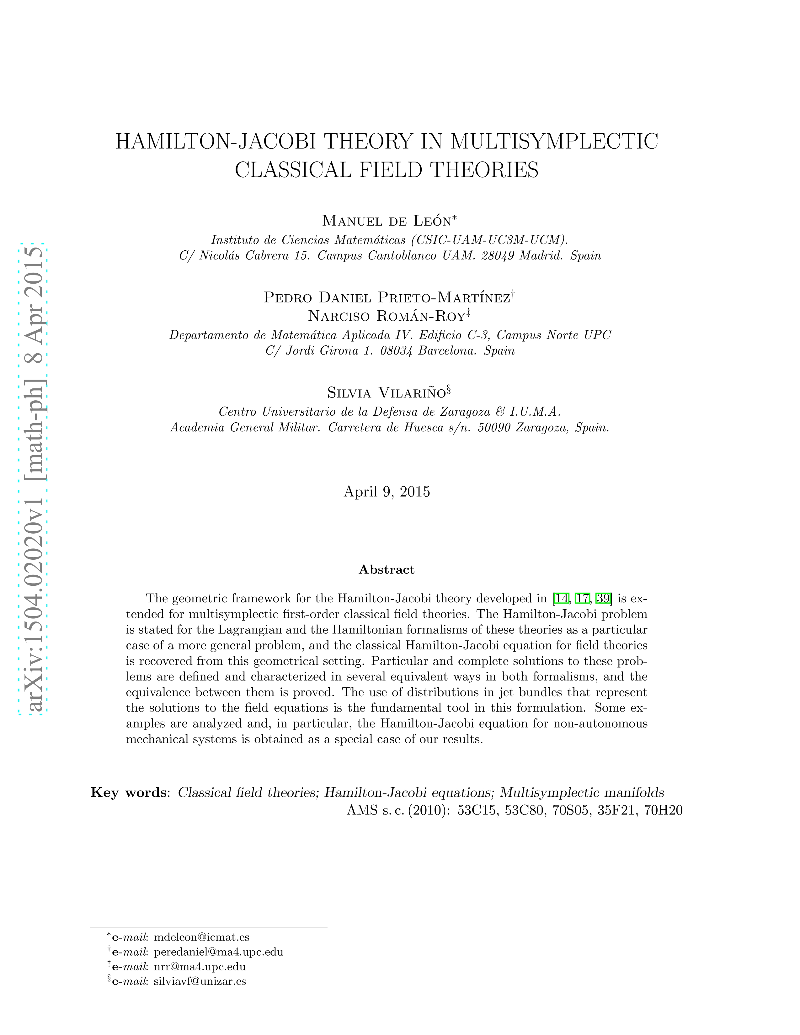 Hamilton-jacobi theory in multisymplectic classical field theories