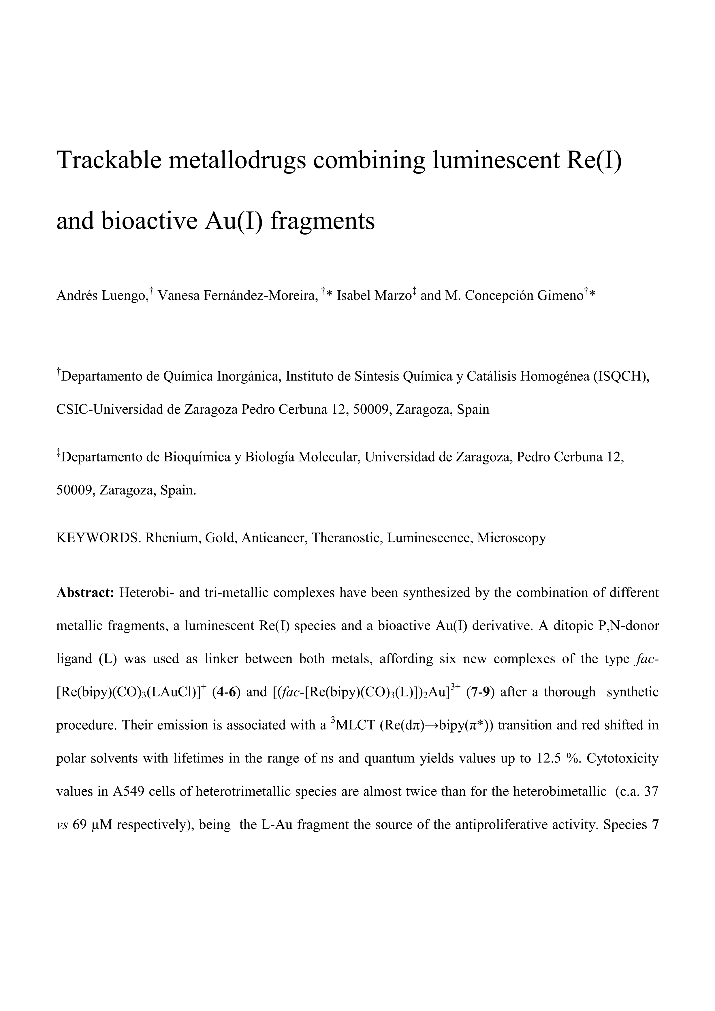 Trackable Metallodrugs Combining Luminescent Re(I) and Bioactive Au(I) Fragments