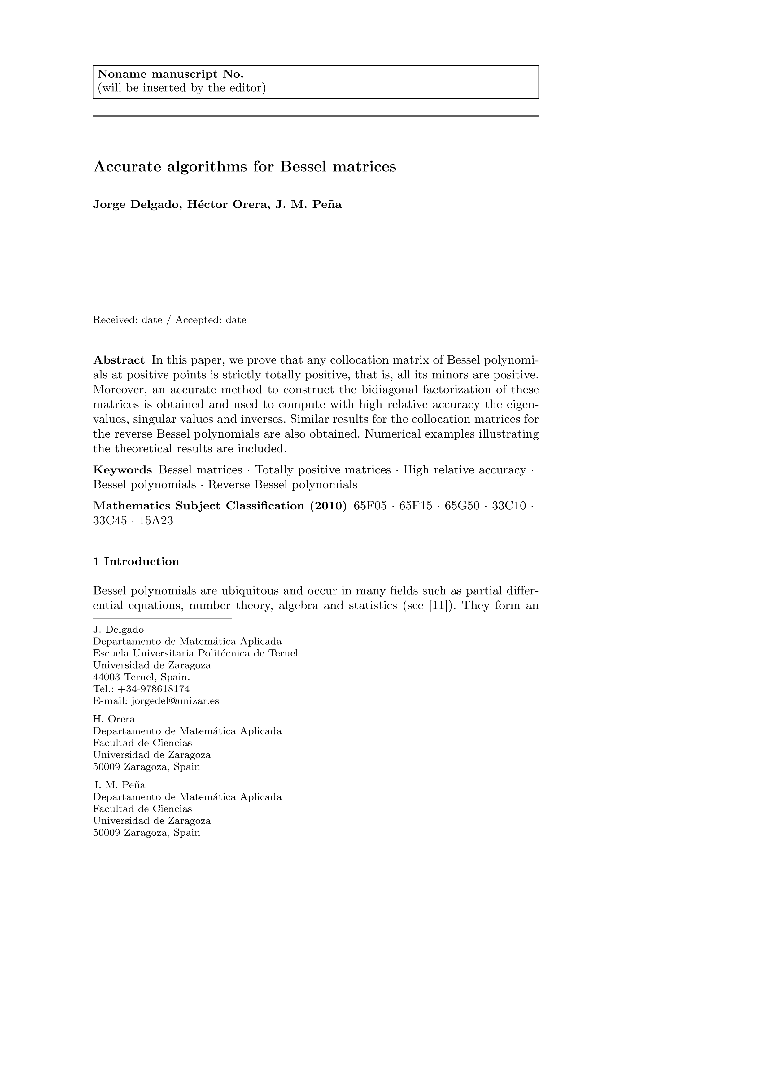 Accurate Algorithms for Bessel Matrices