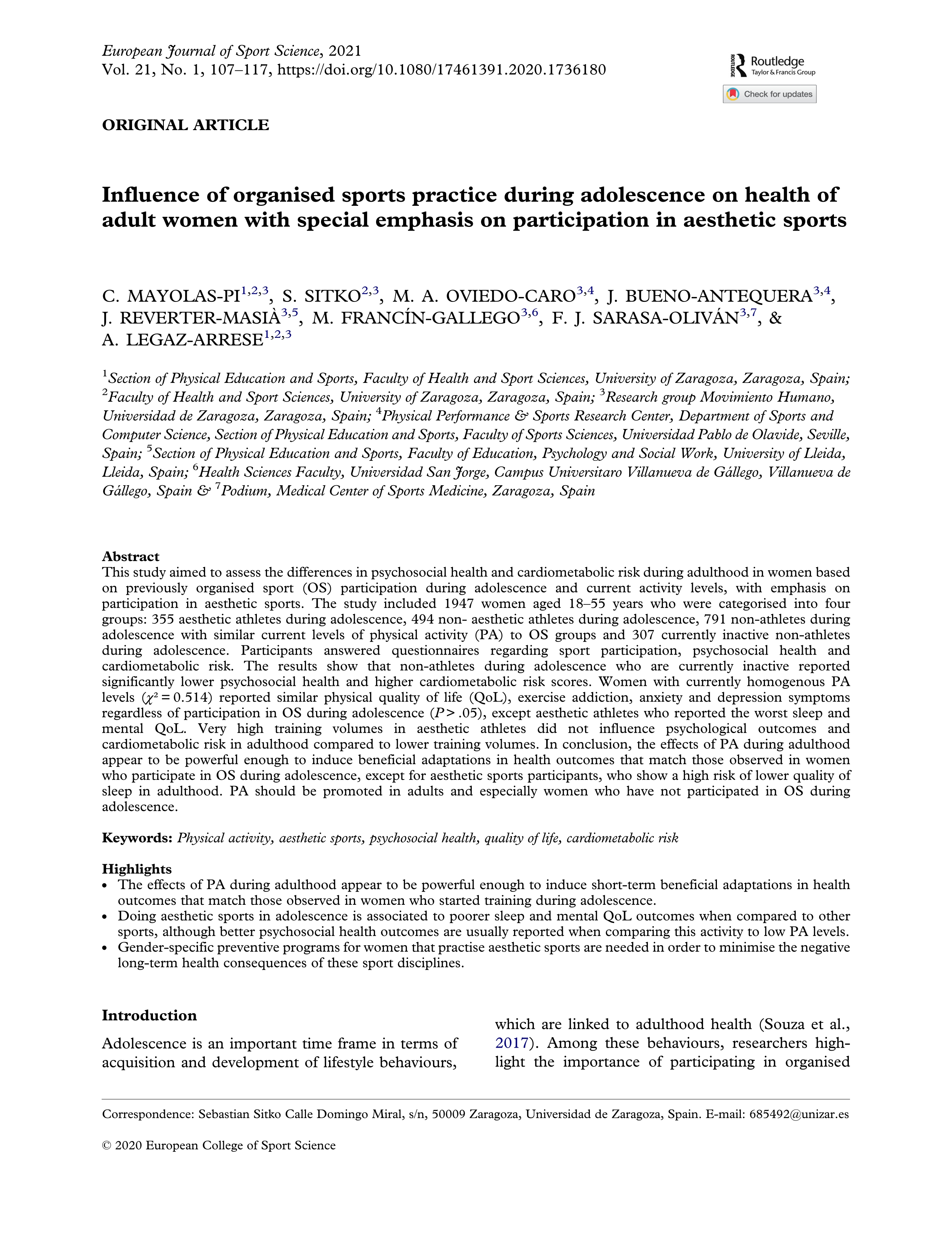 Influence of organised sports practice during adolescence on health of adult women with special emphasis on participation in aesthetic sports