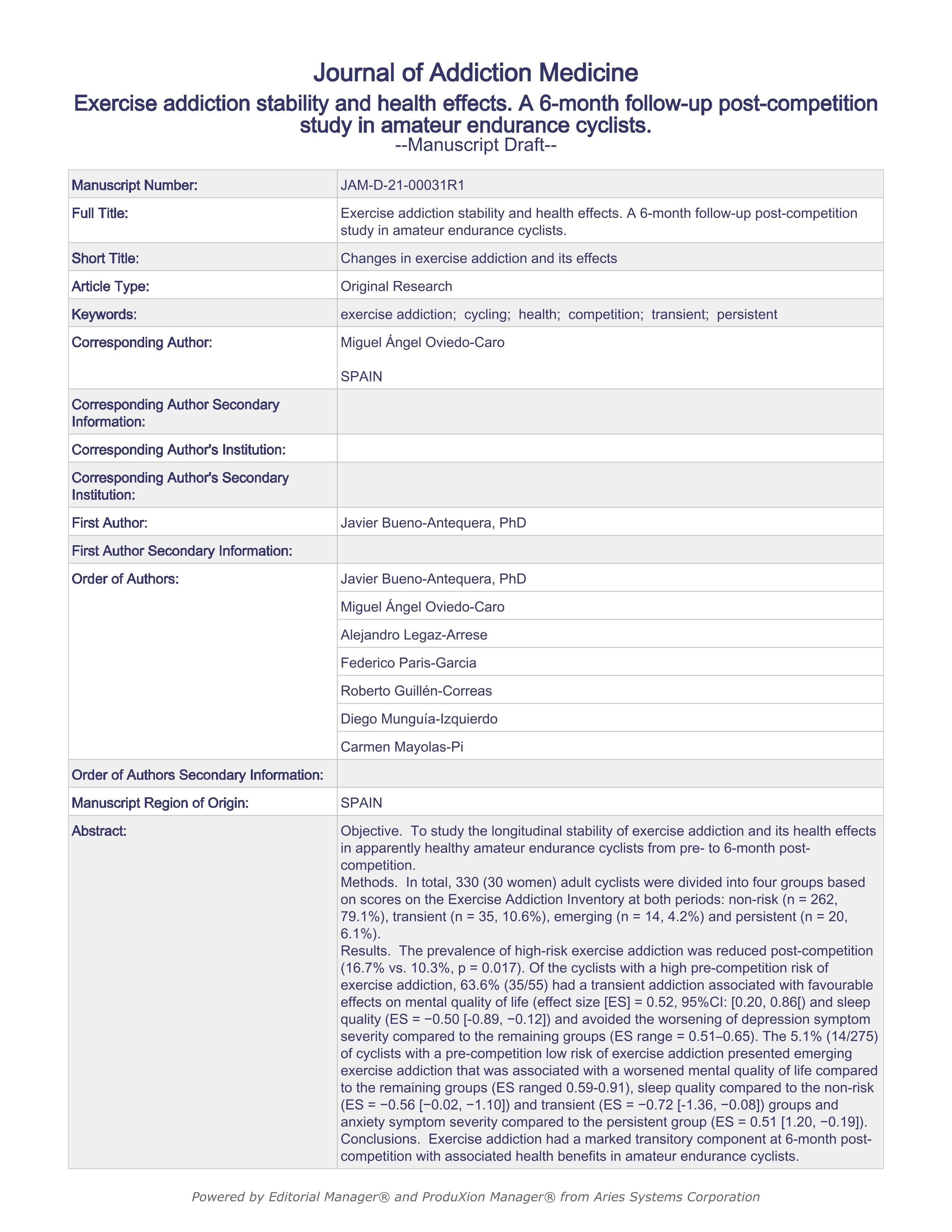 Exercise Addiction Stability and Health Effects. A 6-Month Follow-up Postcompetition Study in Amateur Endurance Cyclists