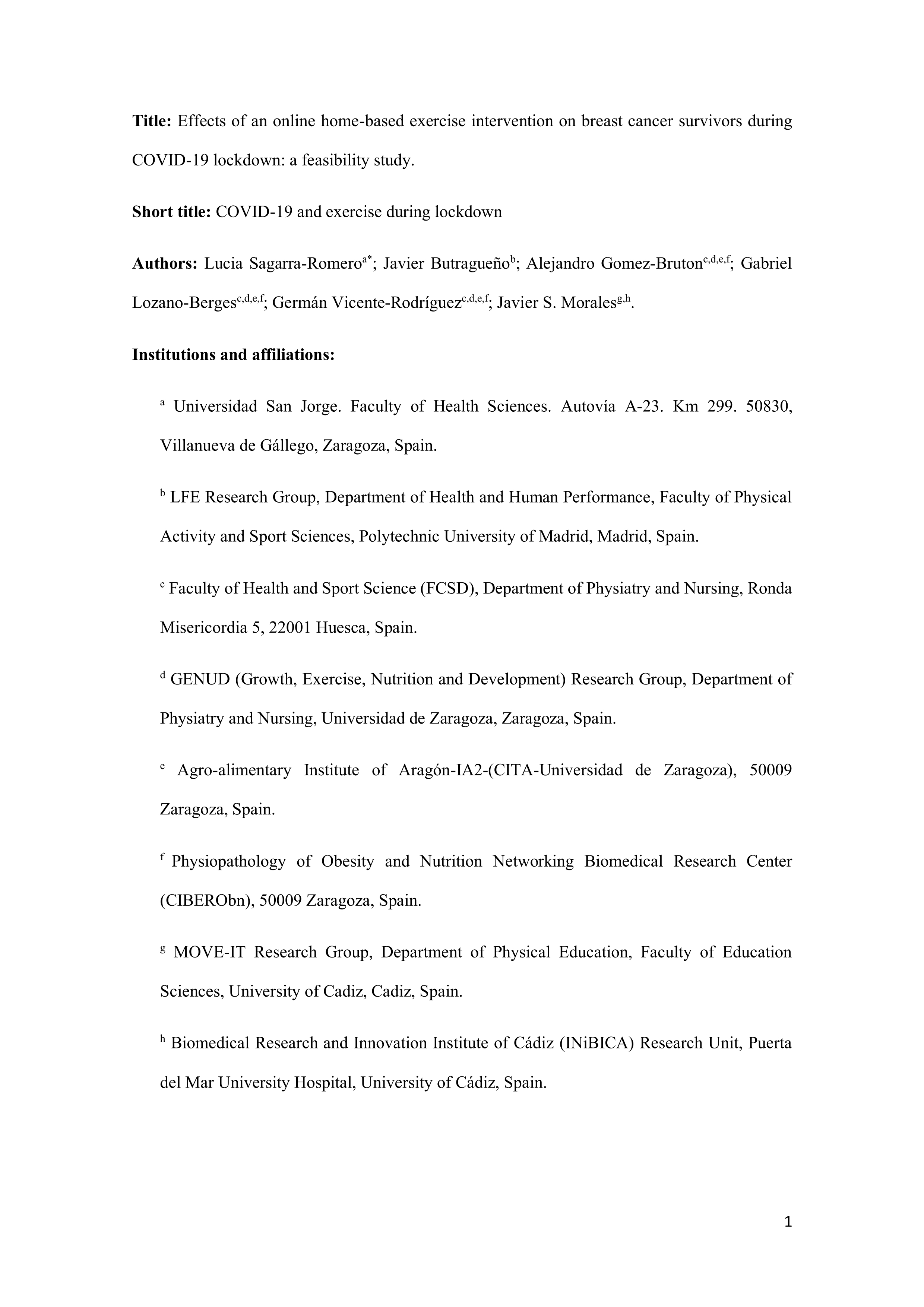 Effects of an online home-based exercise intervention on breast cancer survivors during COVID-19 lockdown: a feasibility study