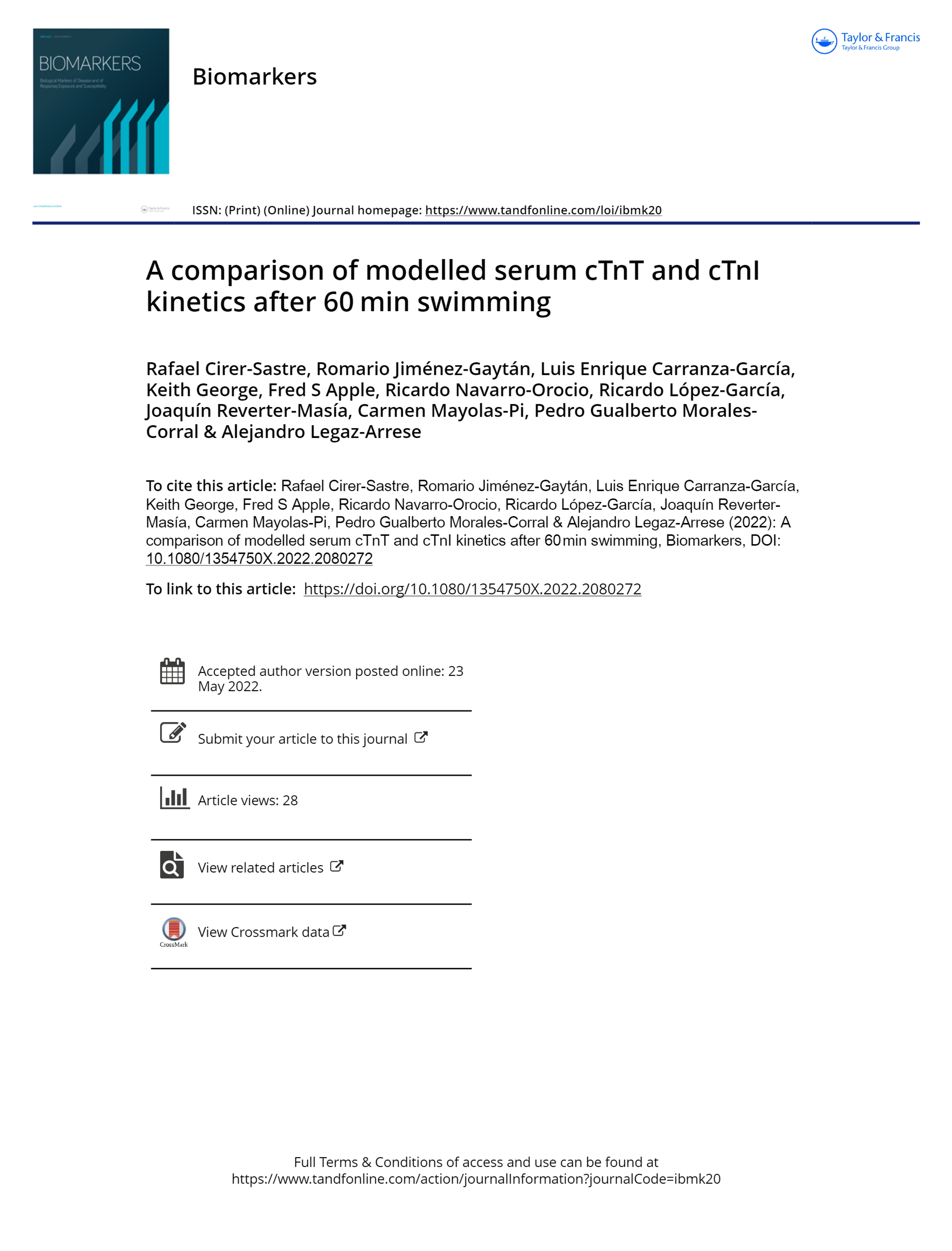 A comparison of modelled serum cTnT and cTnI kinetics after 60 min swimming