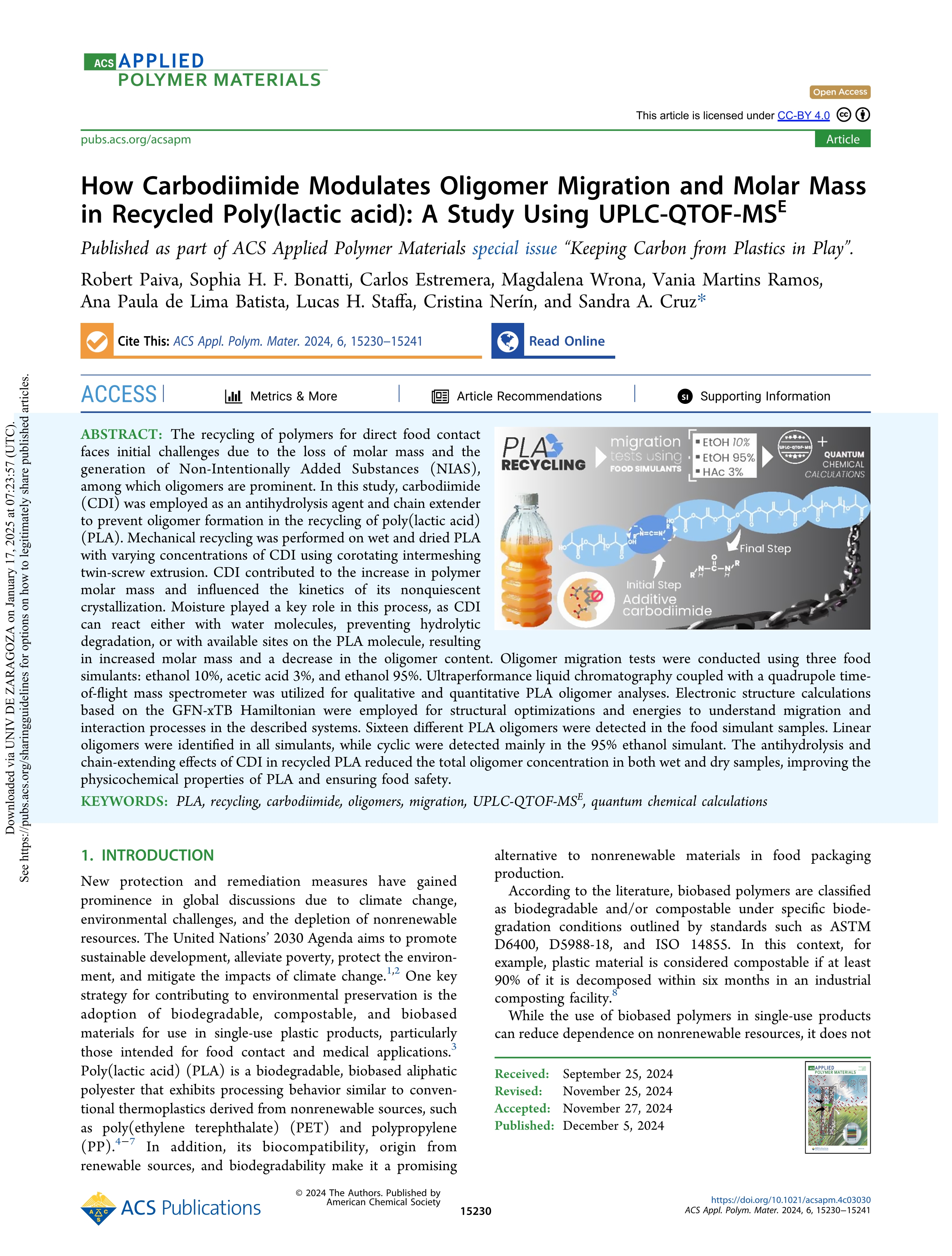 How Carbodiimide Modulates Oligomer Migration and Molar Mass in Recycled Poly(lactic acid): A Study Using UPLC-QTOF-MS<sup>E</sup>