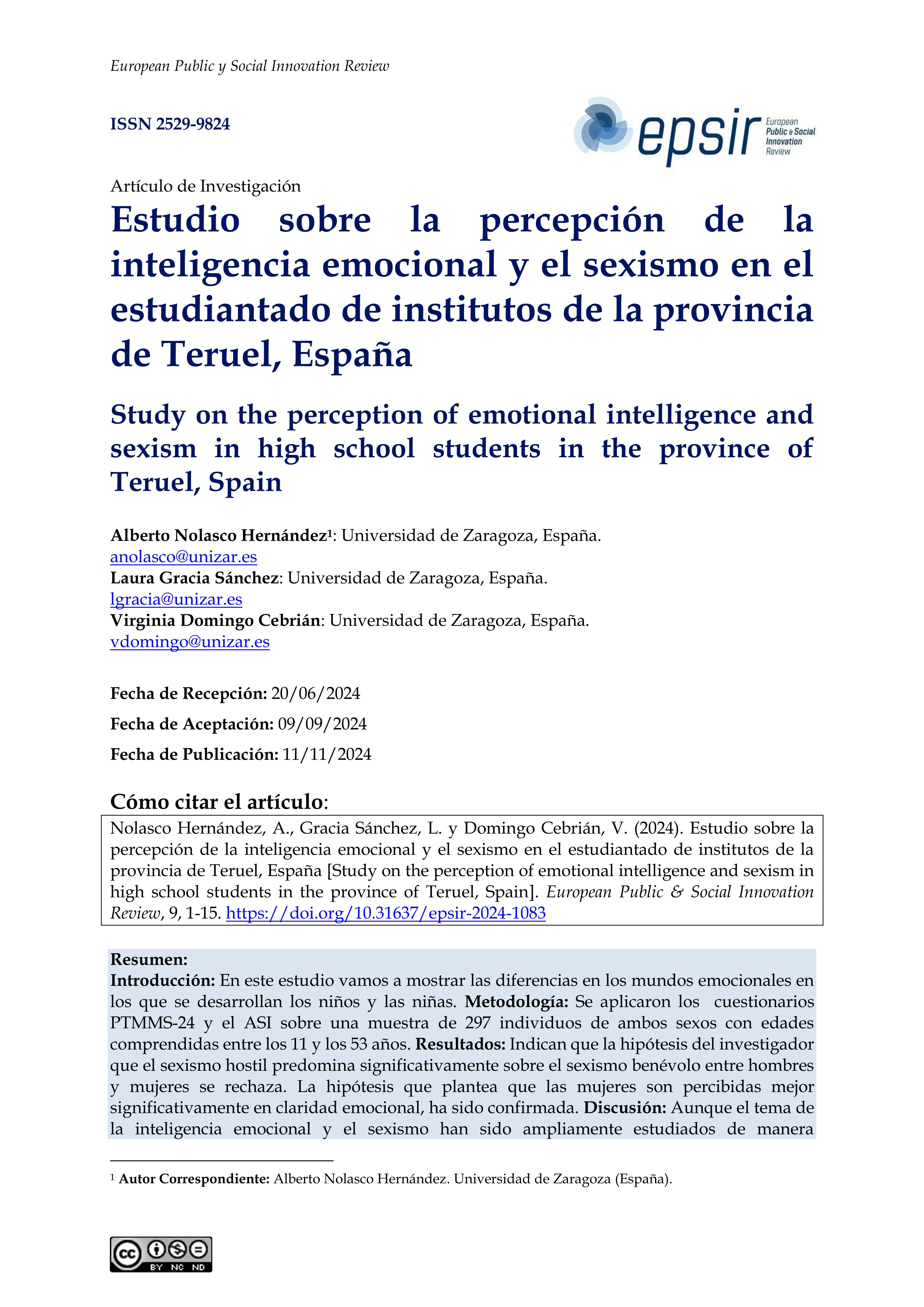 Estudio sobre la percepción de la inteligencia emocional y el sexismo en el estudiantado de institutos de la provincia de Teruel, España