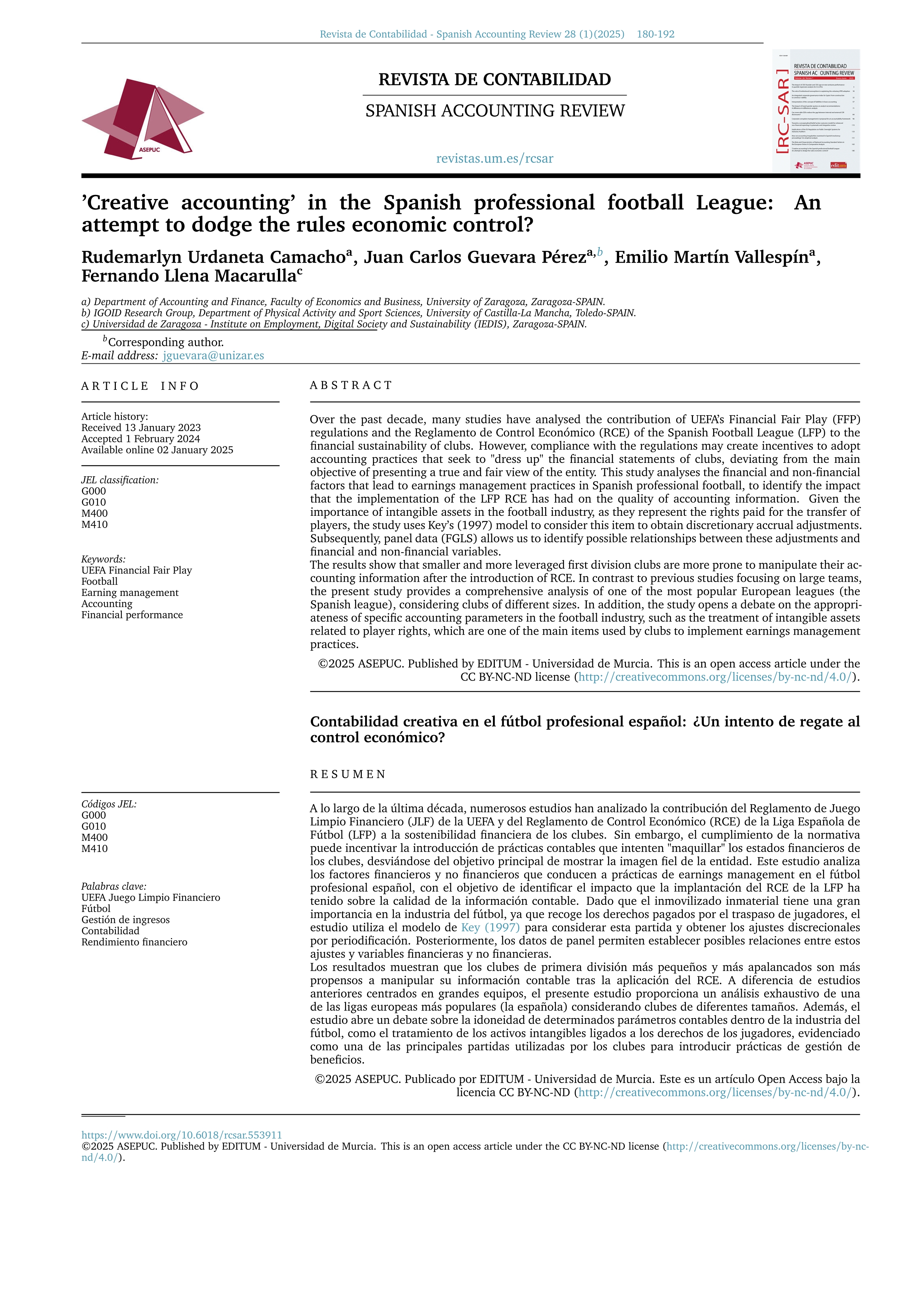 'Creative accounting' in the Spanish professional football League: An attempt to dodge the rules economic control?