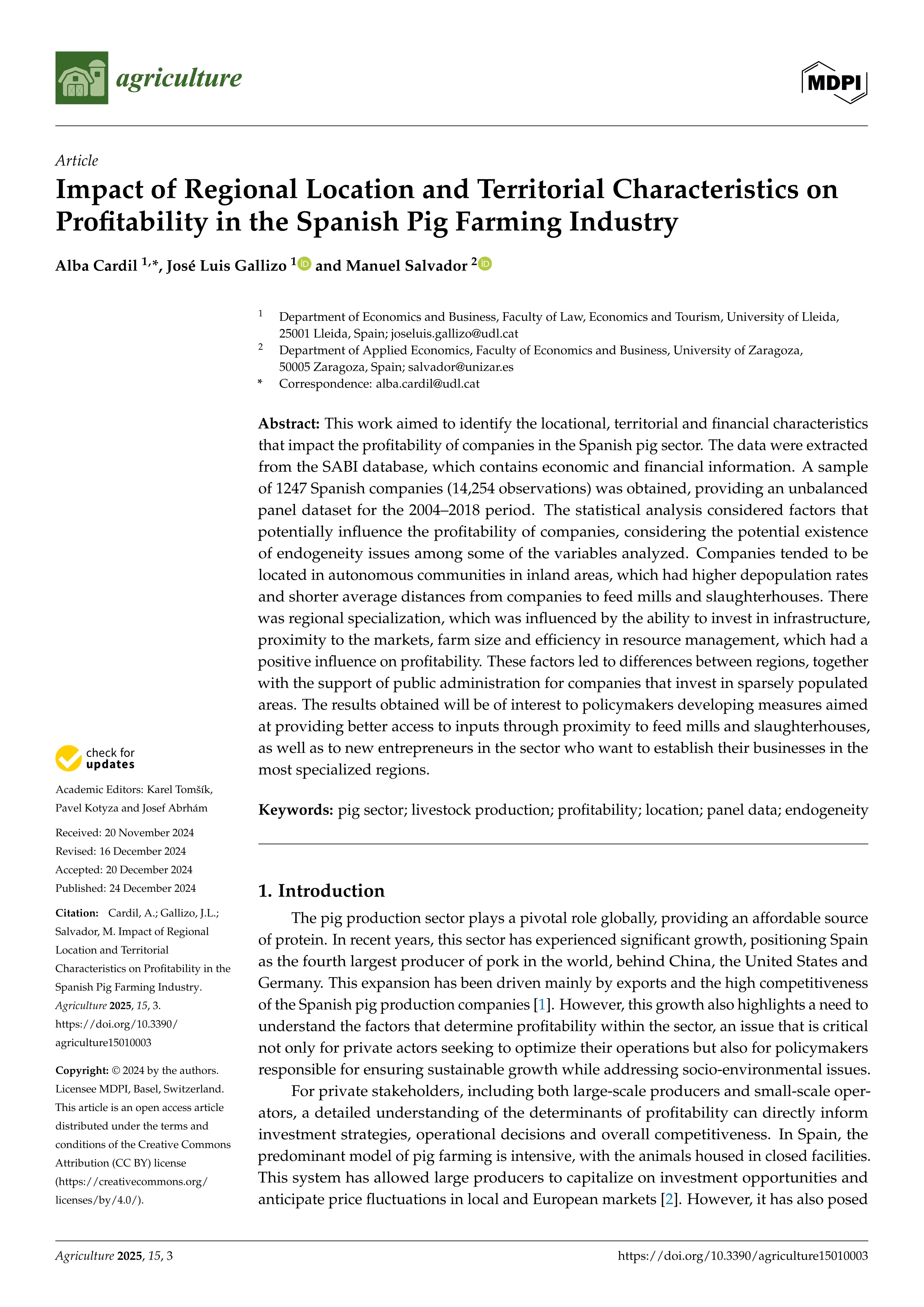 Impact of Regional Location and Territorial Characteristics on Profitability in the Spanish Pig Farming Industry