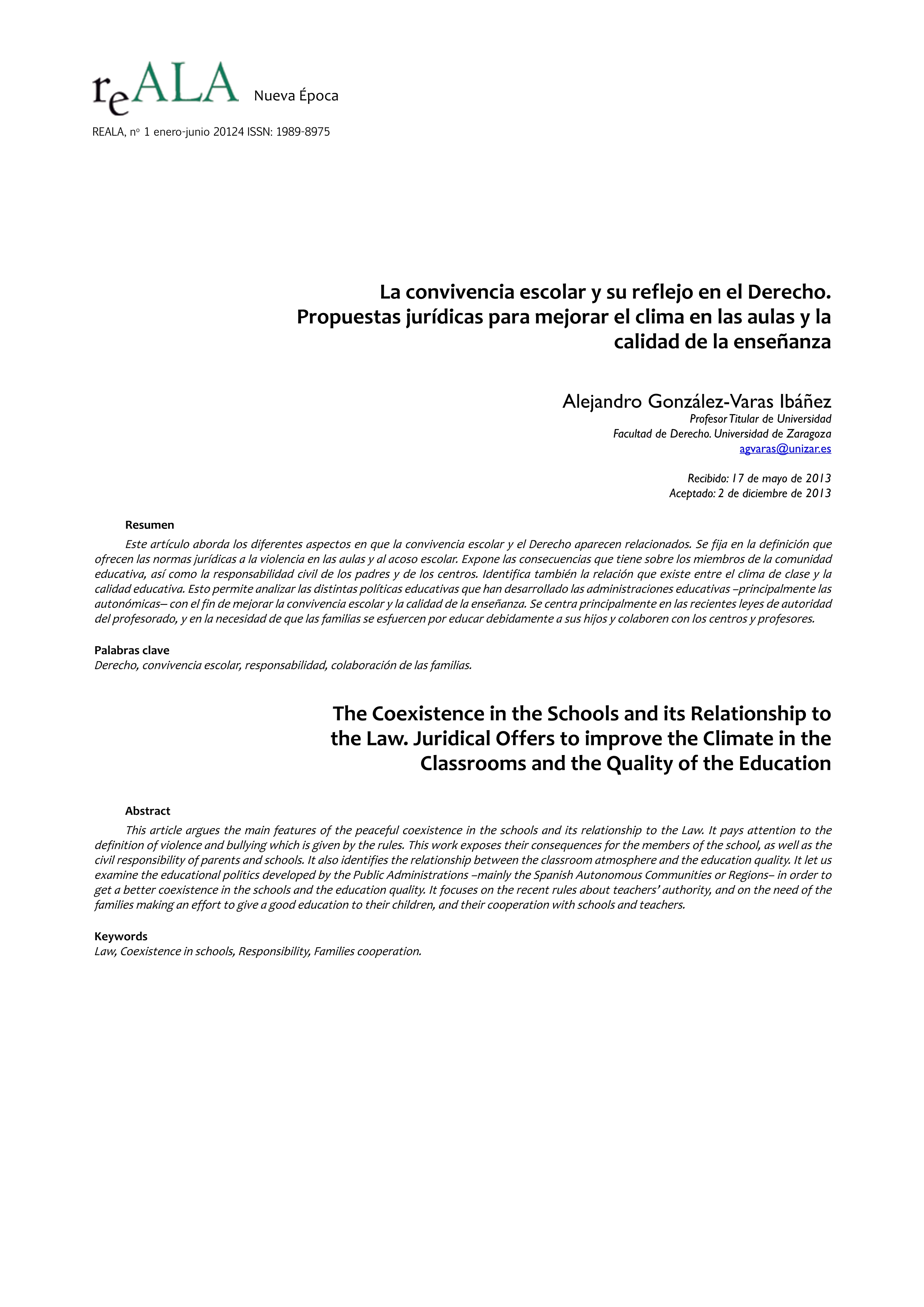 La convivencia escolar y su reflejo en el Derecho: Propuestas jurídicas para mejorar el clima en las aulas y la calidad de la enseñanza