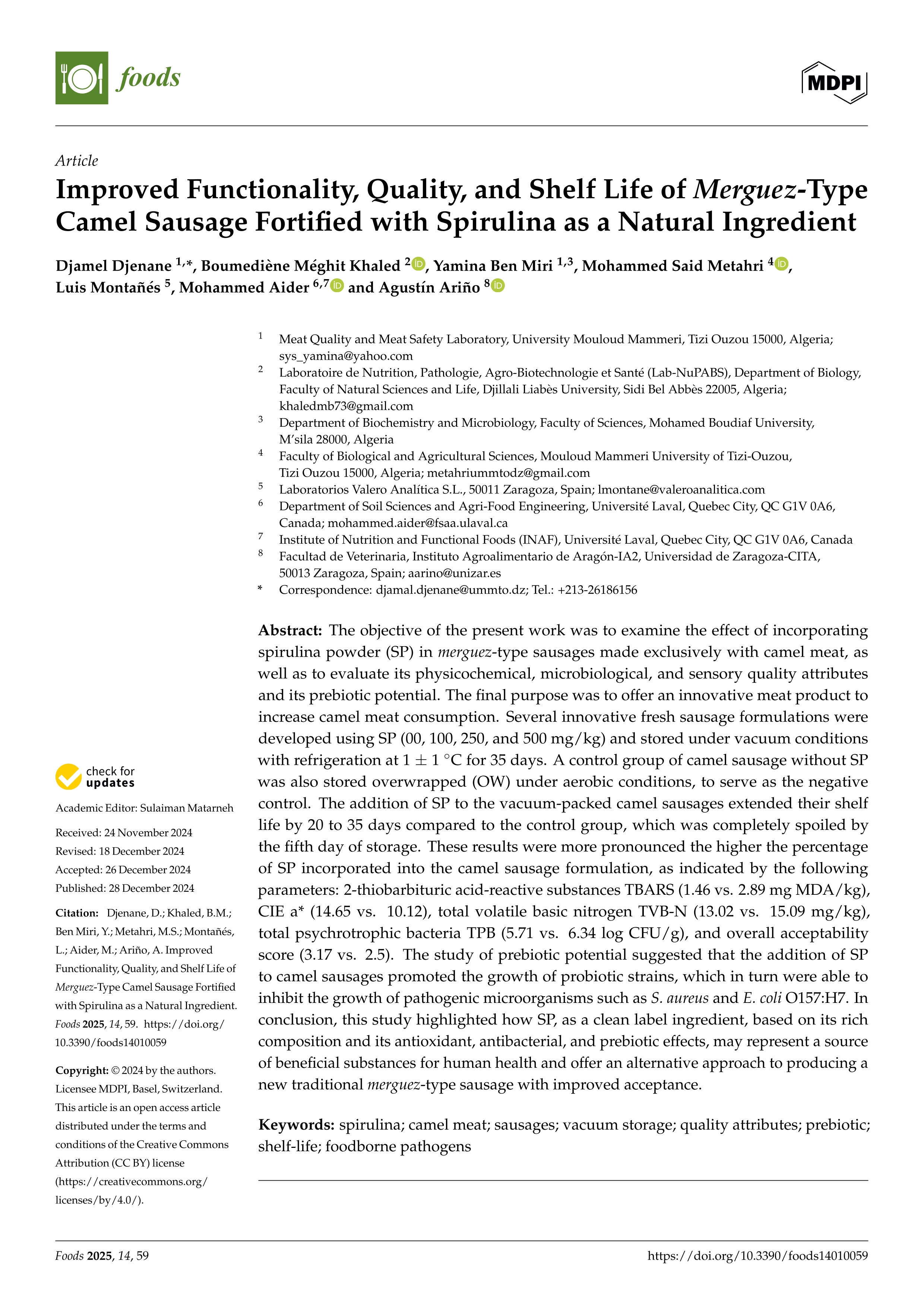 Improved Functionality, Quality, and Shelf Life of Merguez-Type Camel Sausage Fortified with Spirulina as a Natural Ingredient