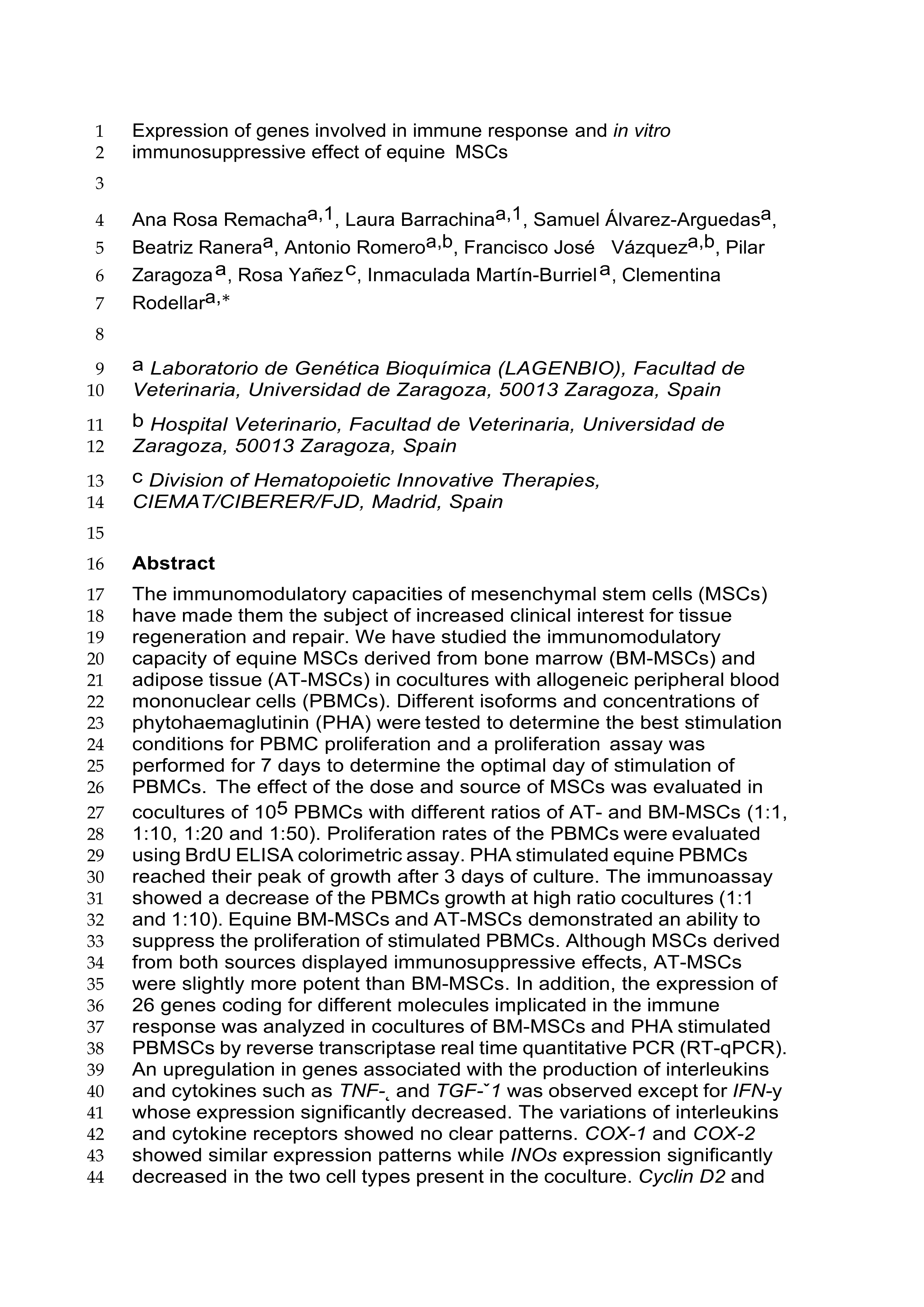 Expression of genes involved in immune response and in vitro immunosuppressive effect of equine MSCs