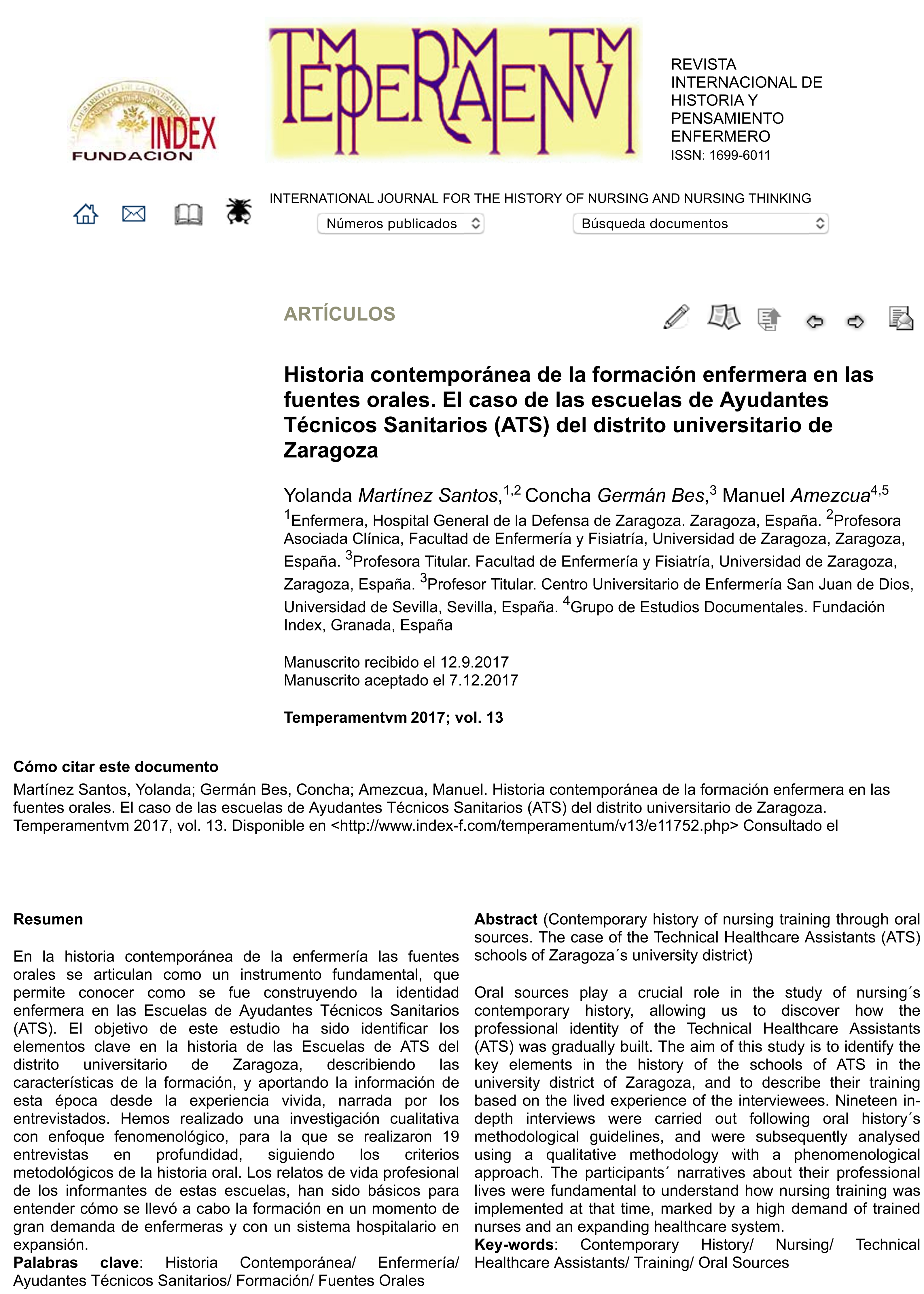 Historia contemporánea de la formación enfermera en las fuentes orales. El caso de las escuelas de Ayudantes Técnicos Sanitarios (ATS) del distrito universitario de Zaragoza