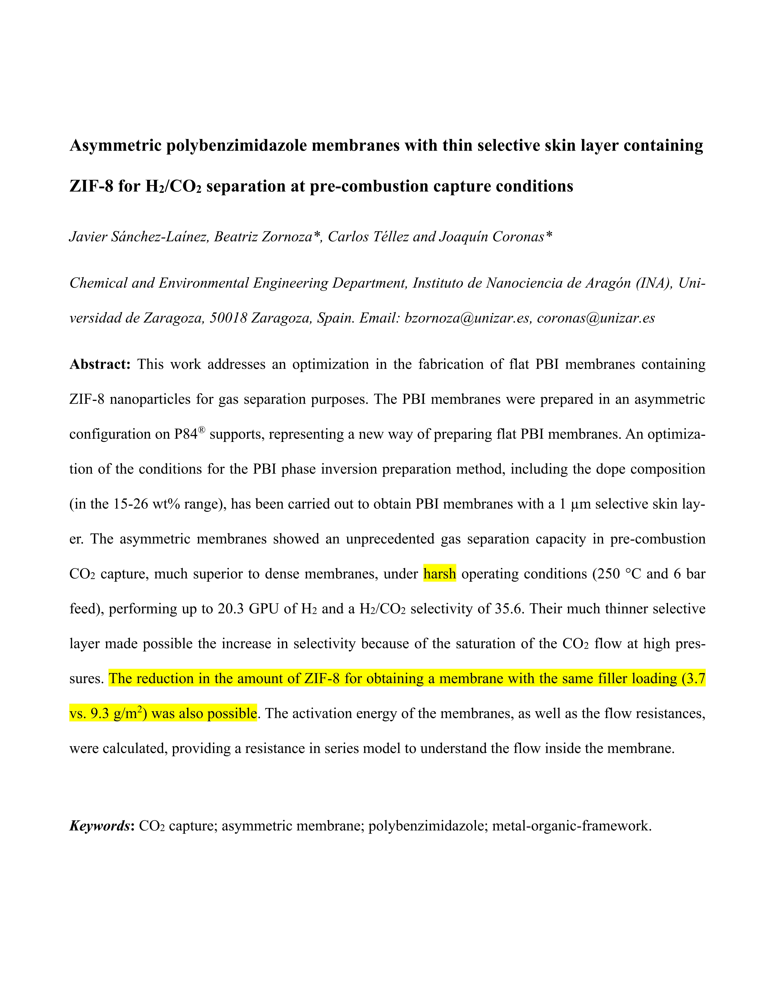 Asymmetric polybenzimidazole membranes with thin selective skin layer containing ZIF-8 for H2/CO2 separation at pre-combustion capture conditions