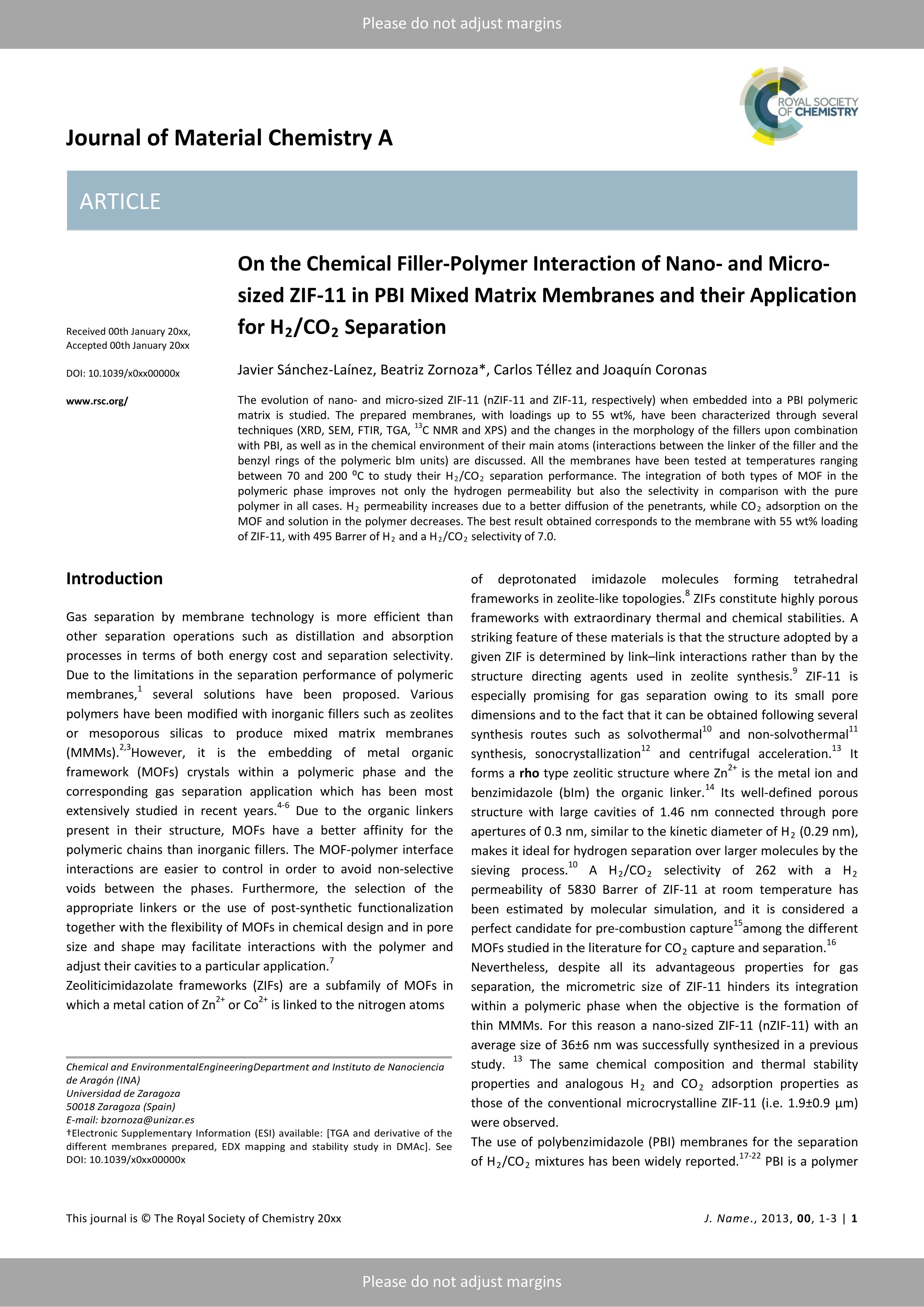 On the chemical filler-polymer interaction of nano- and micro-sized ZIF-11 in PBI mixed matrix membranes and their application for H2/CO2 separation