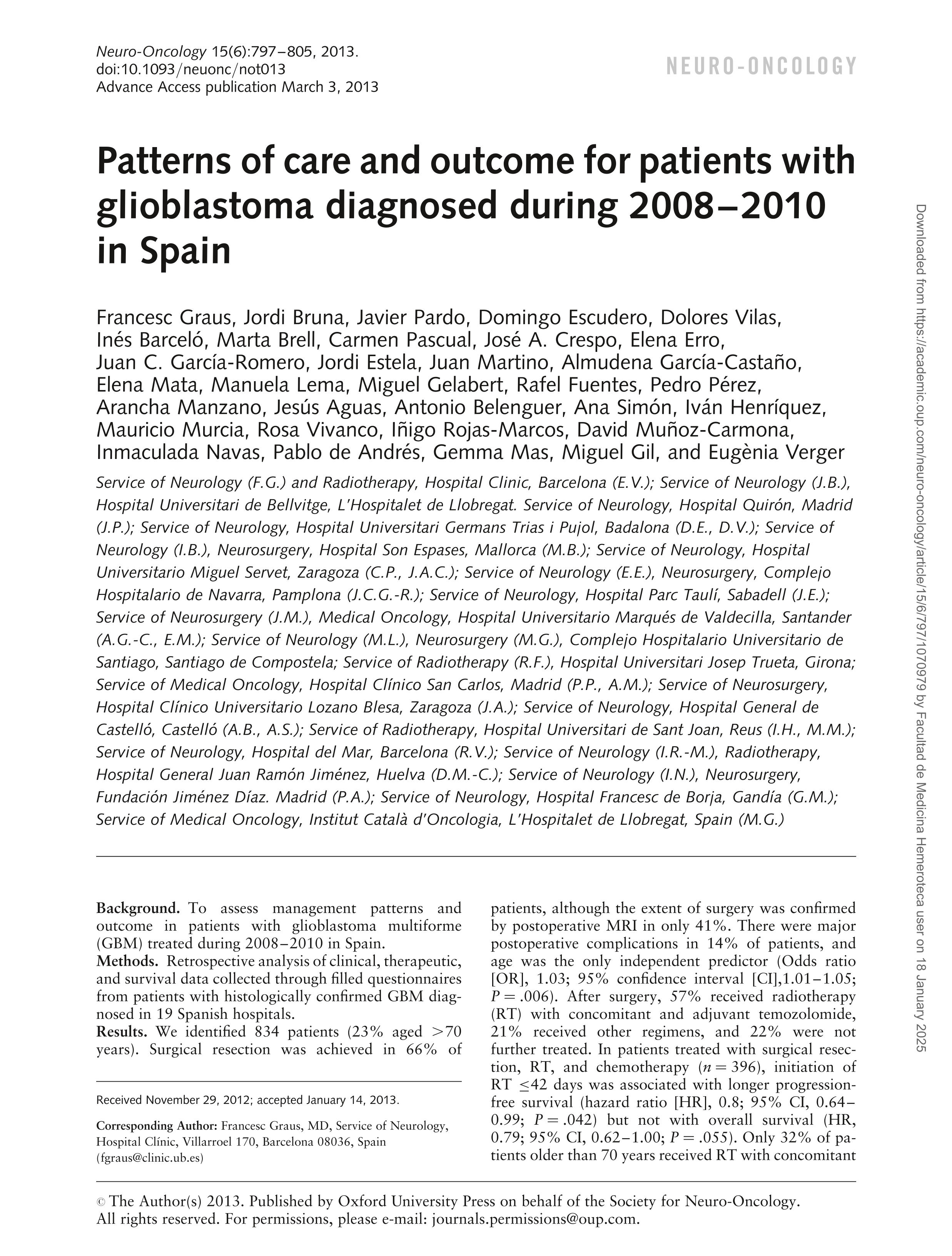 Patterns of care and outcome for patients with glioblastoma diagnosed during 2008-2010 in Spain