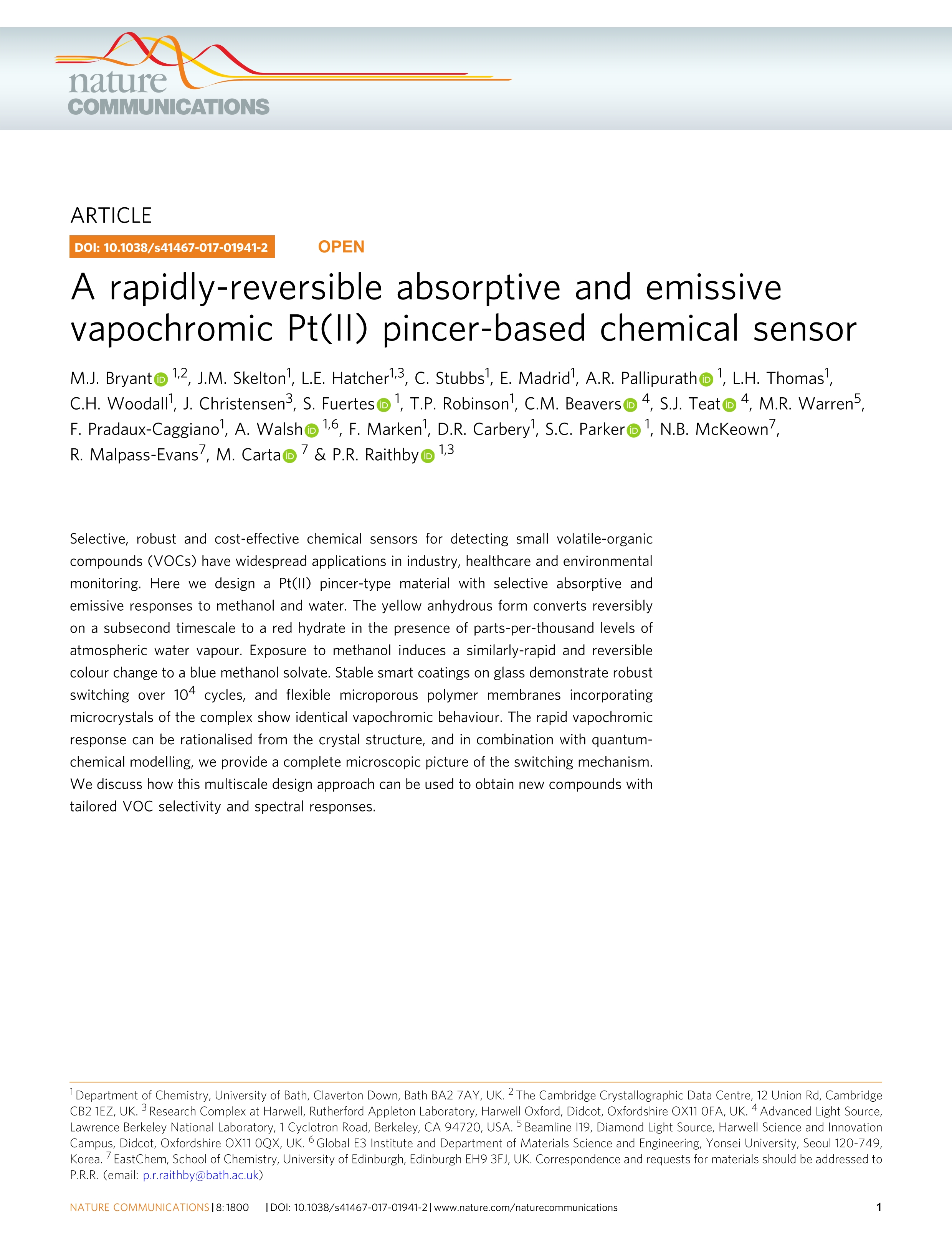 A rapidly-reversible absorptive and emissive vapochromic Pt(II) pincer-based chemical sensor