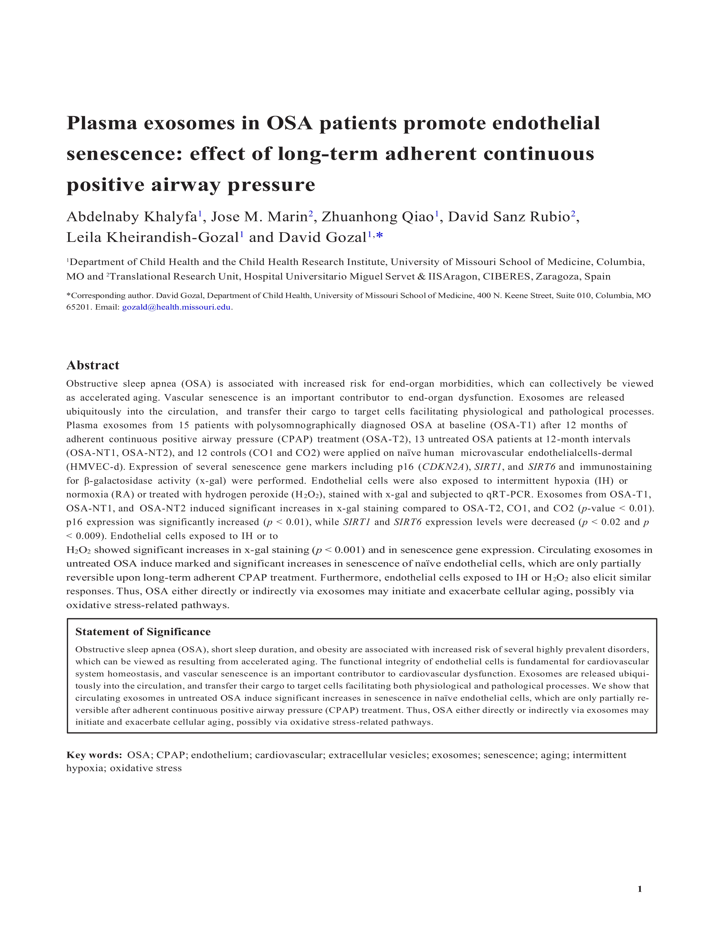 Plasma exosomes in OSA patients promote endothelial senescence: effect of long-term adherent continuous positive airway pressure