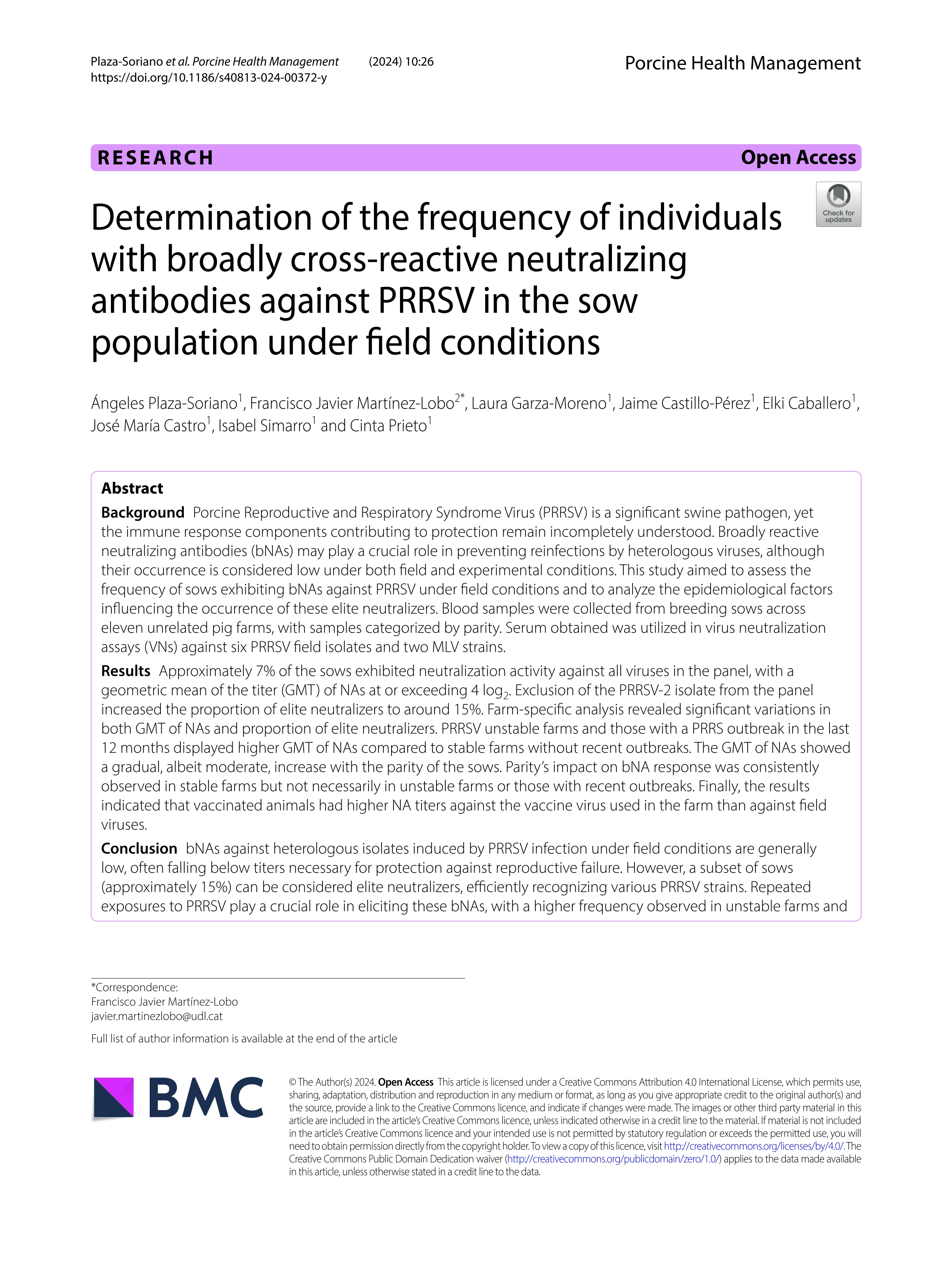 Determination of the frequency of individuals with broadly cross-reactive neutralizing antibodies against PRRSV in the sow population under field conditions