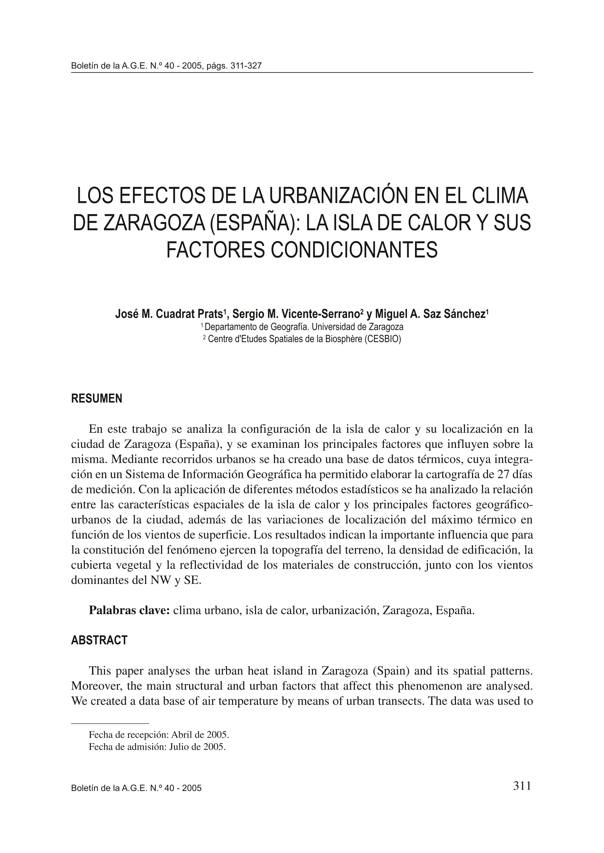 Los efectos de la urbanización en el clima de Zaragoza (España): la isla de calor y sus factores condicionantes