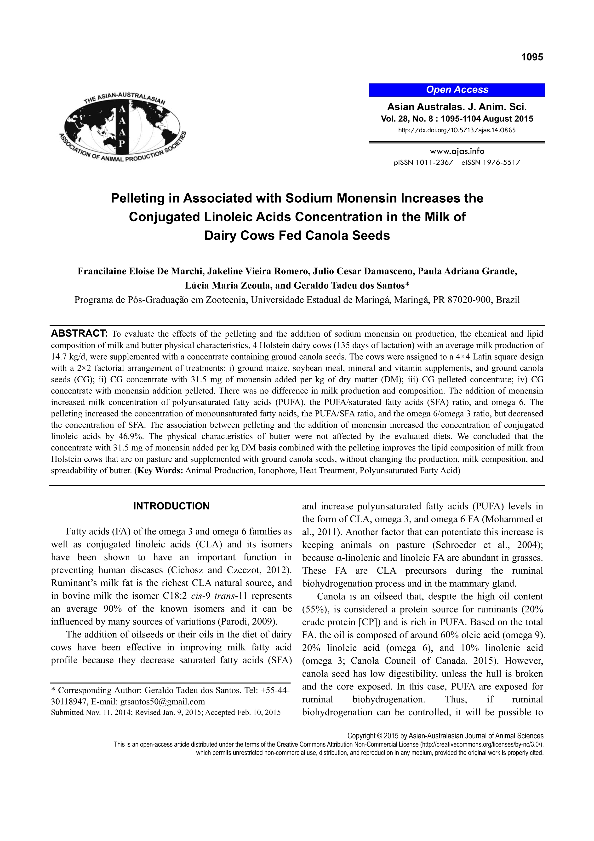 Pelleting in associated with sodium monensin increases the conjugated linoleic acids concentration in the milk of dairy cows fed canola seeds
