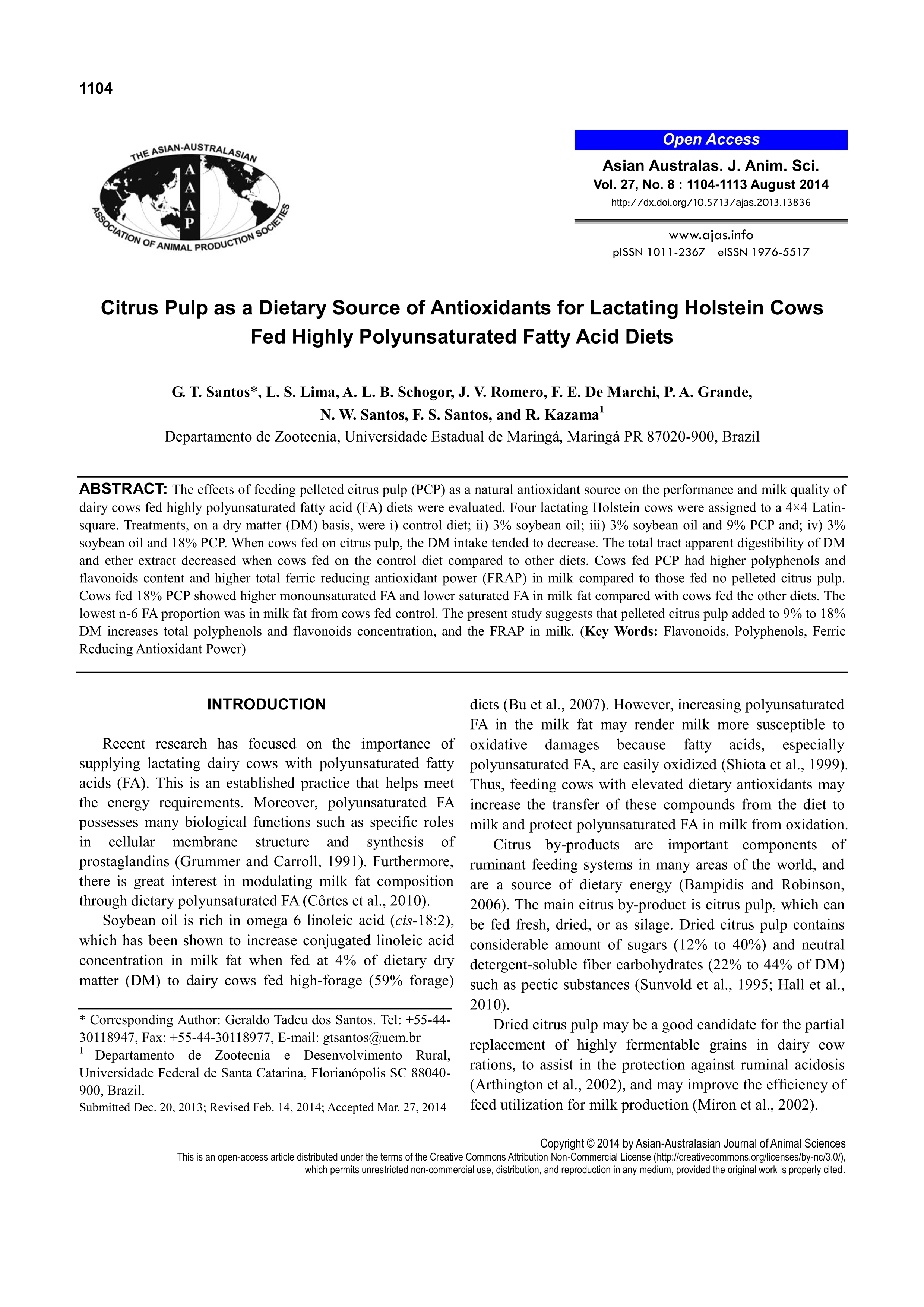 Citrus Pulp as a Dietary Source of Antioxidants for Lactating Holstein Cows Fed Highly Polyunsaturated Fatty Acid Diets